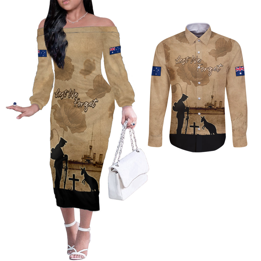 Australia ANZAC Day Couples Matching Off The Shoulder Long Sleeve Dress and Long Sleeve Button Shirt HMAS Sydney I Chatham-Class Light Cruiser