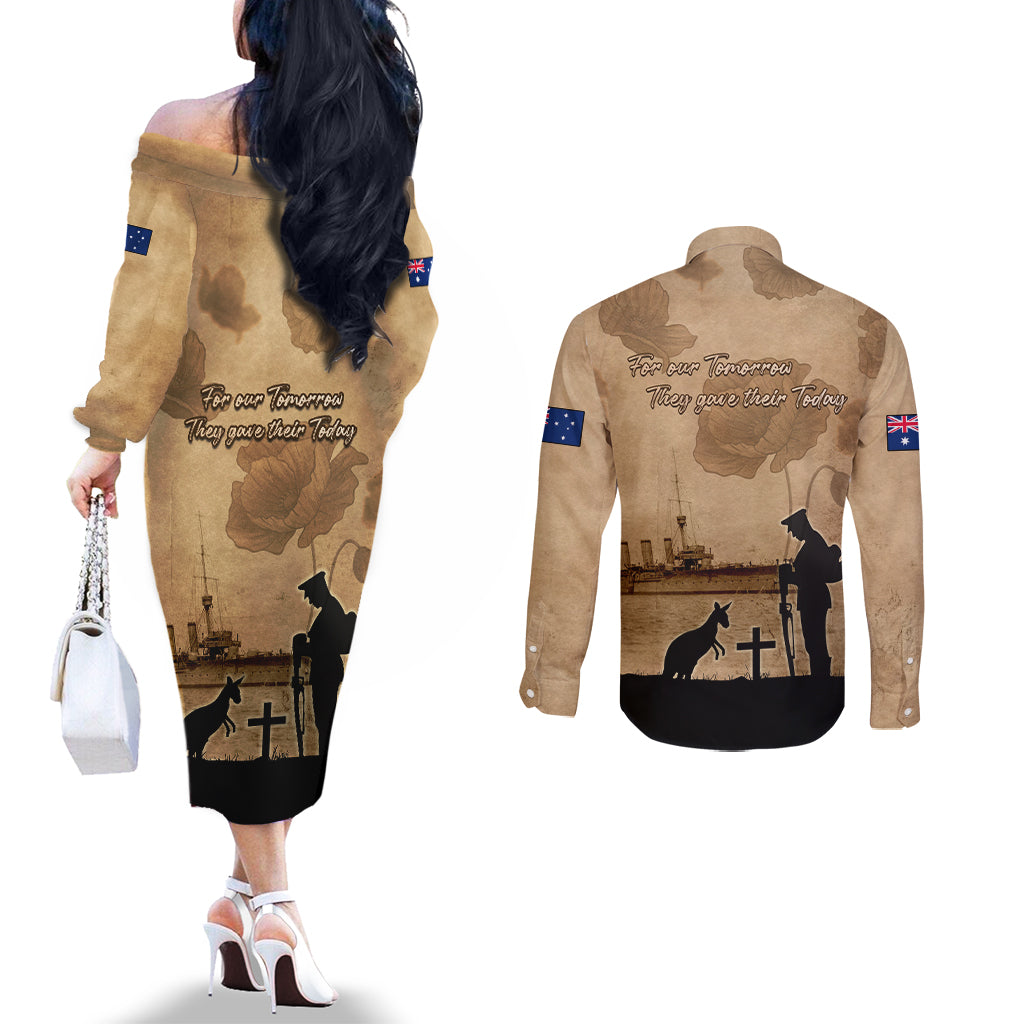 Australia ANZAC Day Couples Matching Off The Shoulder Long Sleeve Dress and Long Sleeve Button Shirt HMAS Sydney I Chatham-Class Light Cruiser