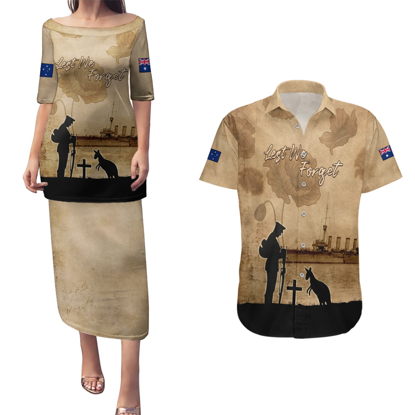 Australia ANZAC Day Couples Matching Puletasi and Hawaiian Shirt HMAS Sydney I Chatham-Class Light Cruiser