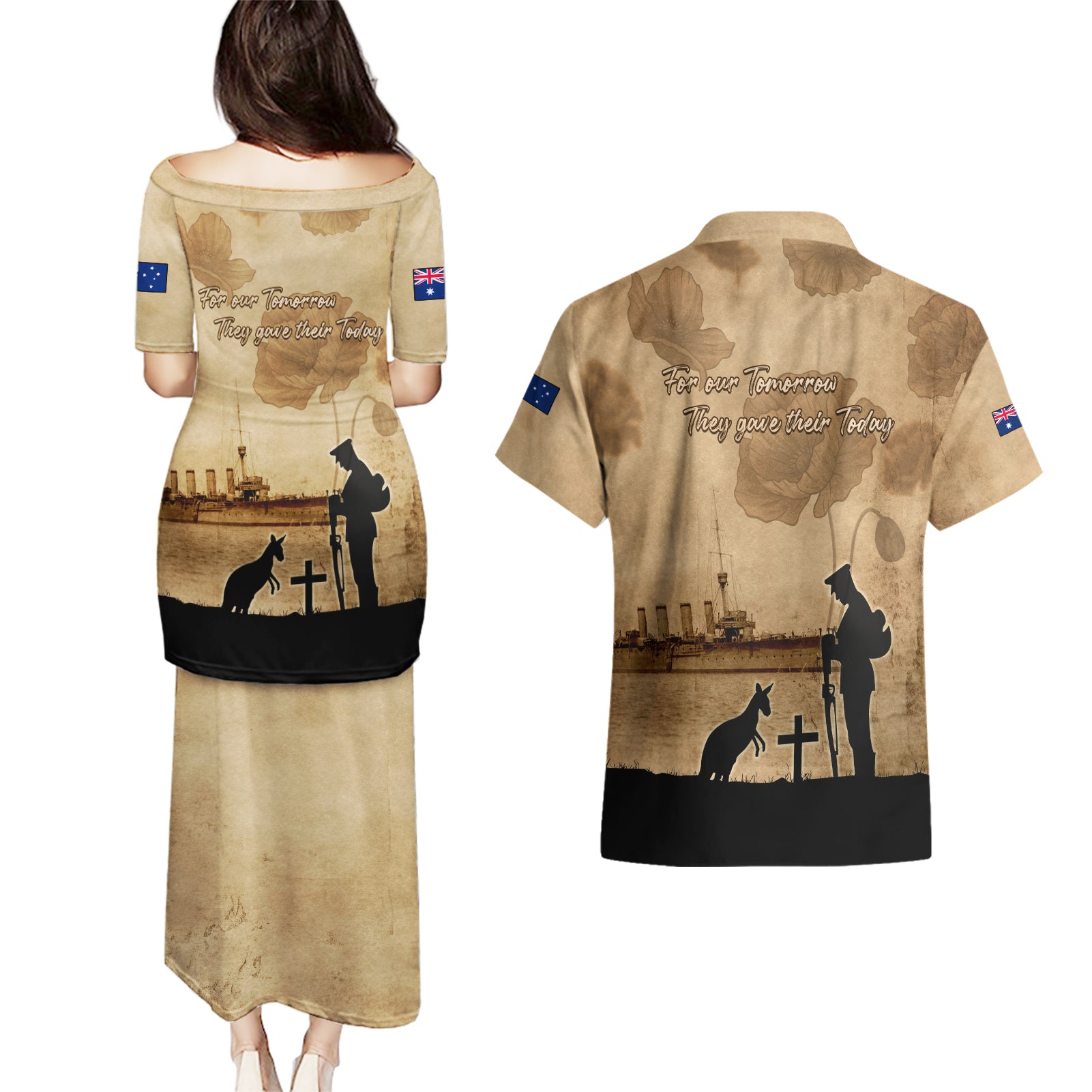 Australia ANZAC Day Couples Matching Puletasi and Hawaiian Shirt HMAS Sydney I Chatham-Class Light Cruiser