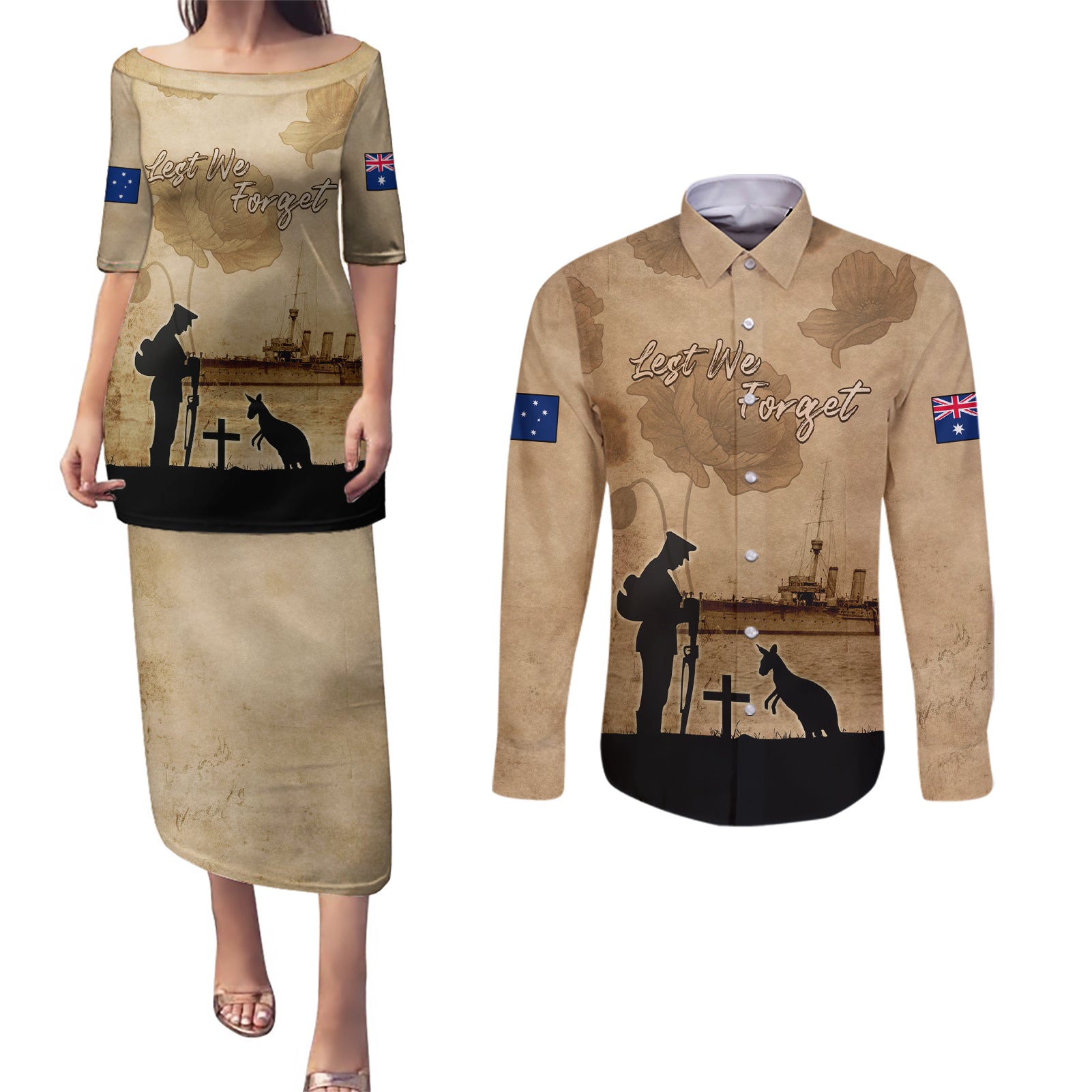 Australia ANZAC Day Couples Matching Puletasi and Long Sleeve Button Shirt HMAS Sydney I Chatham-Class Light Cruiser
