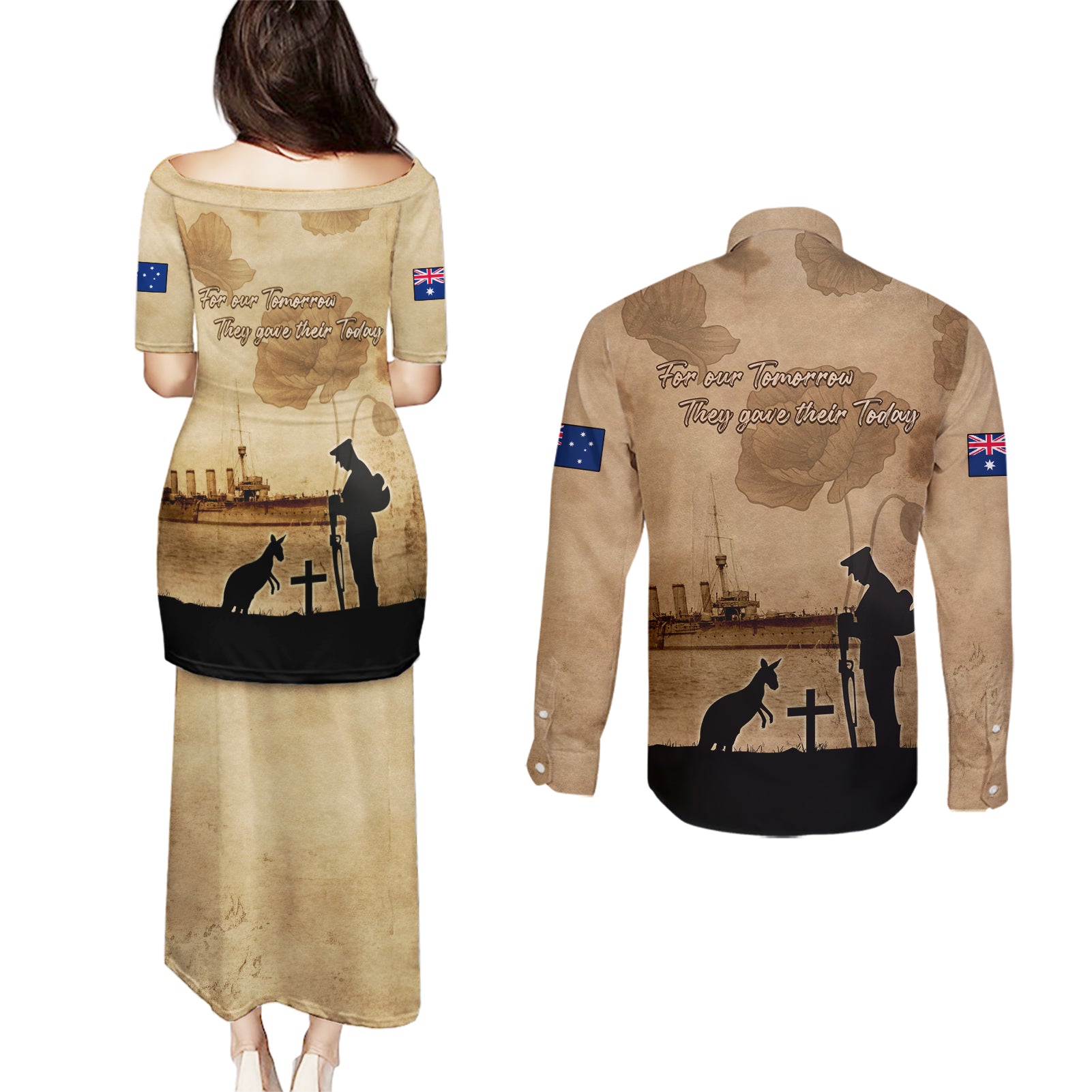 Australia ANZAC Day Couples Matching Puletasi and Long Sleeve Button Shirt HMAS Sydney I Chatham-Class Light Cruiser
