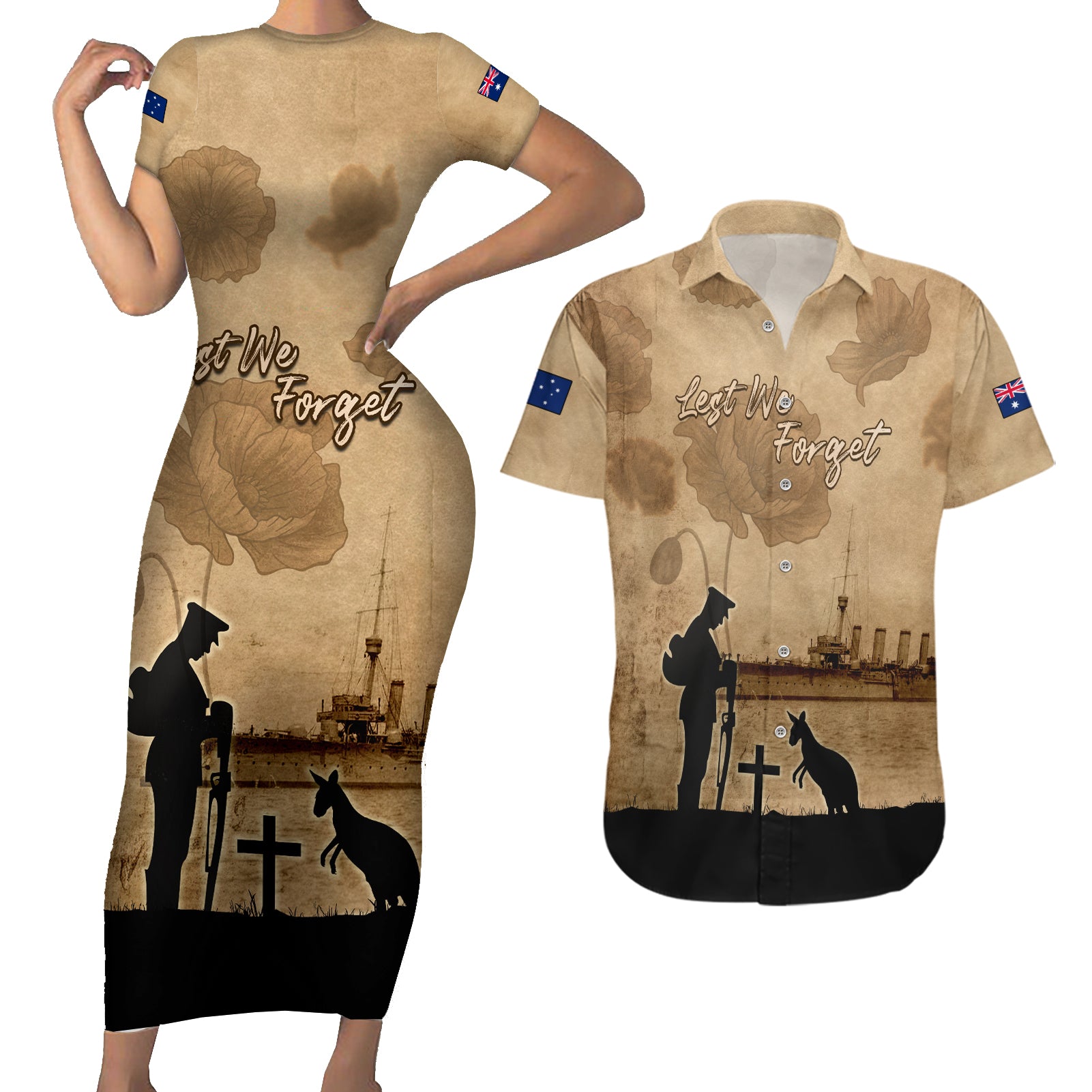 Australia ANZAC Day Couples Matching Short Sleeve Bodycon Dress and Hawaiian Shirt HMAS Sydney I Chatham-Class Light Cruiser