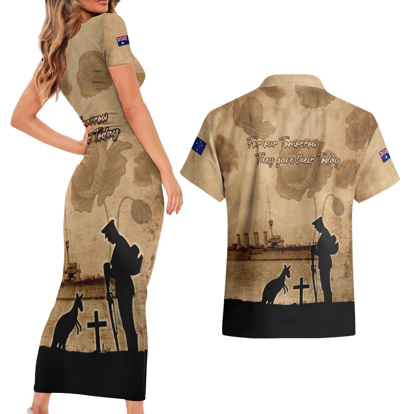 Australia ANZAC Day Couples Matching Short Sleeve Bodycon Dress and Hawaiian Shirt HMAS Sydney I Chatham-Class Light Cruiser
