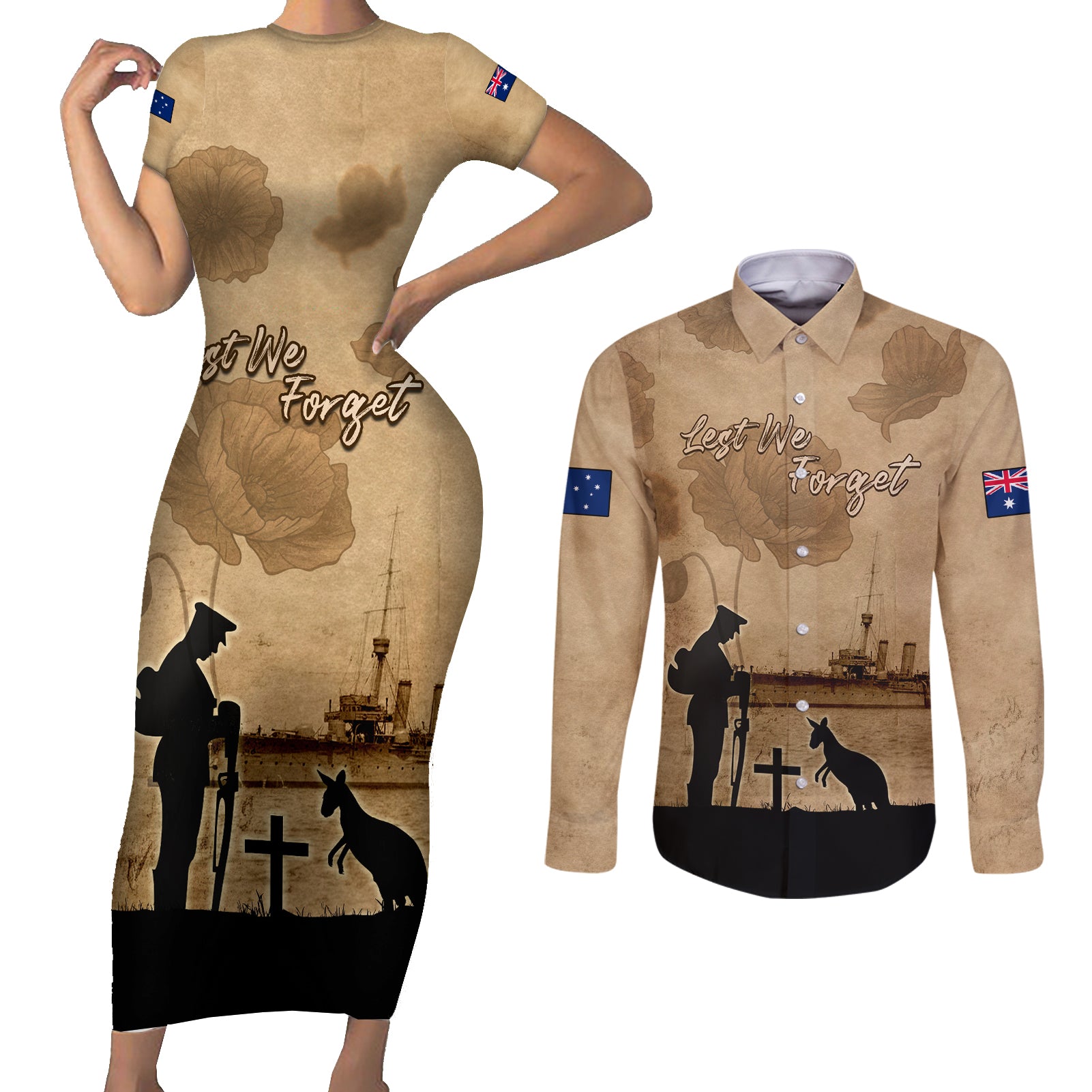 Australia ANZAC Day Couples Matching Short Sleeve Bodycon Dress and Long Sleeve Button Shirt HMAS Sydney I Chatham-Class Light Cruiser