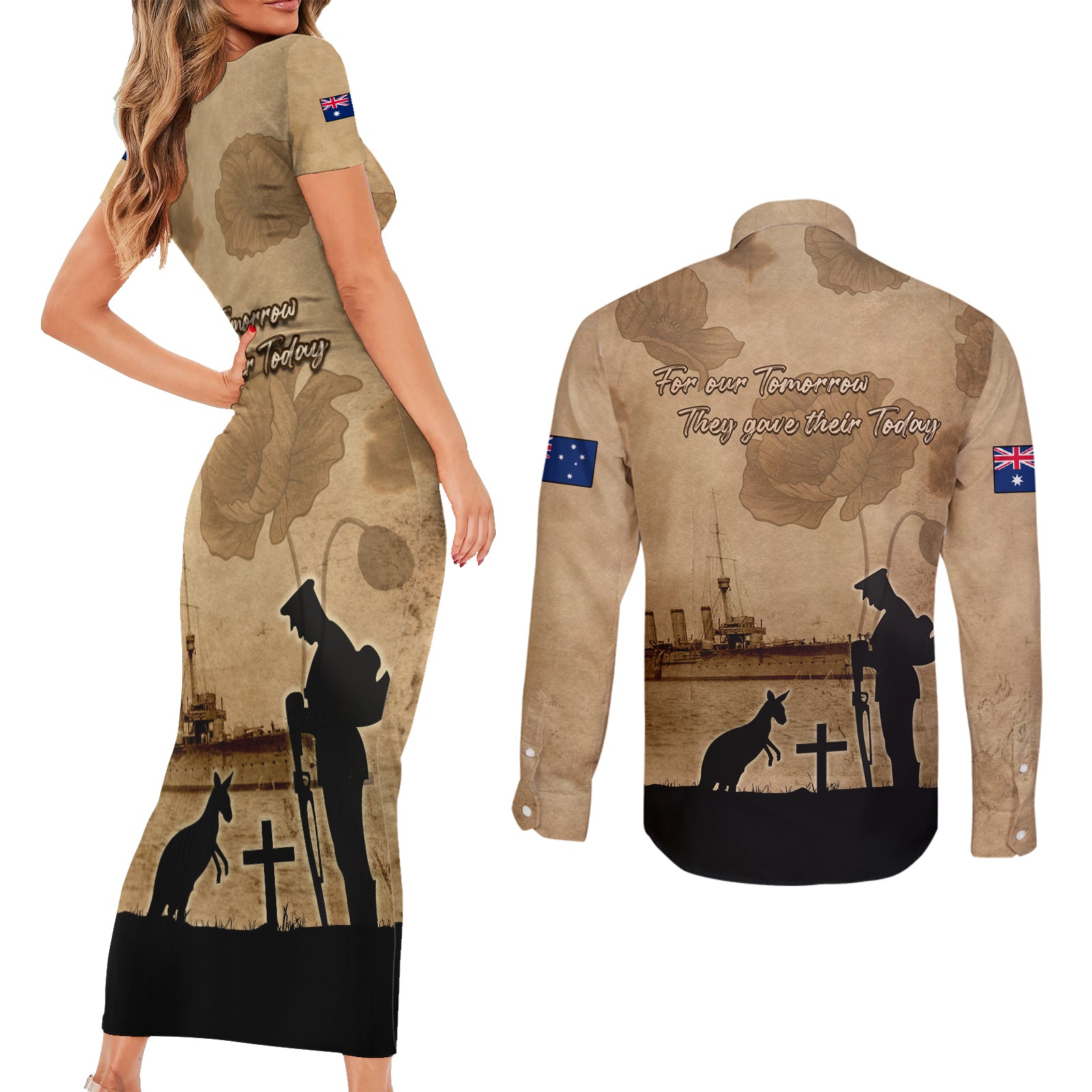 Australia ANZAC Day Couples Matching Short Sleeve Bodycon Dress and Long Sleeve Button Shirt HMAS Sydney I Chatham-Class Light Cruiser