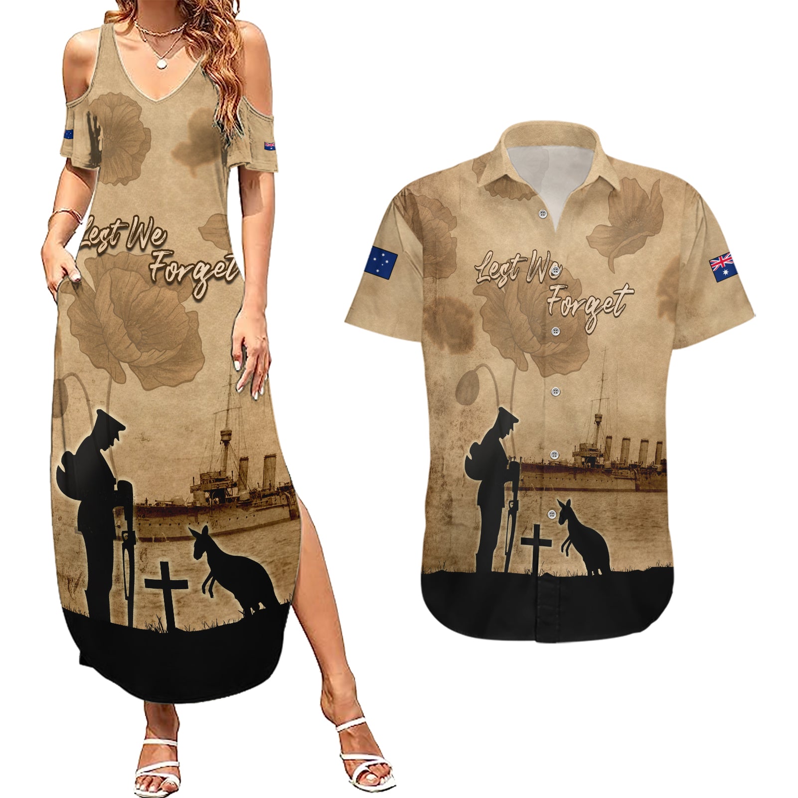 Australia ANZAC Day Couples Matching Summer Maxi Dress and Hawaiian Shirt HMAS Sydney I Chatham-Class Light Cruiser