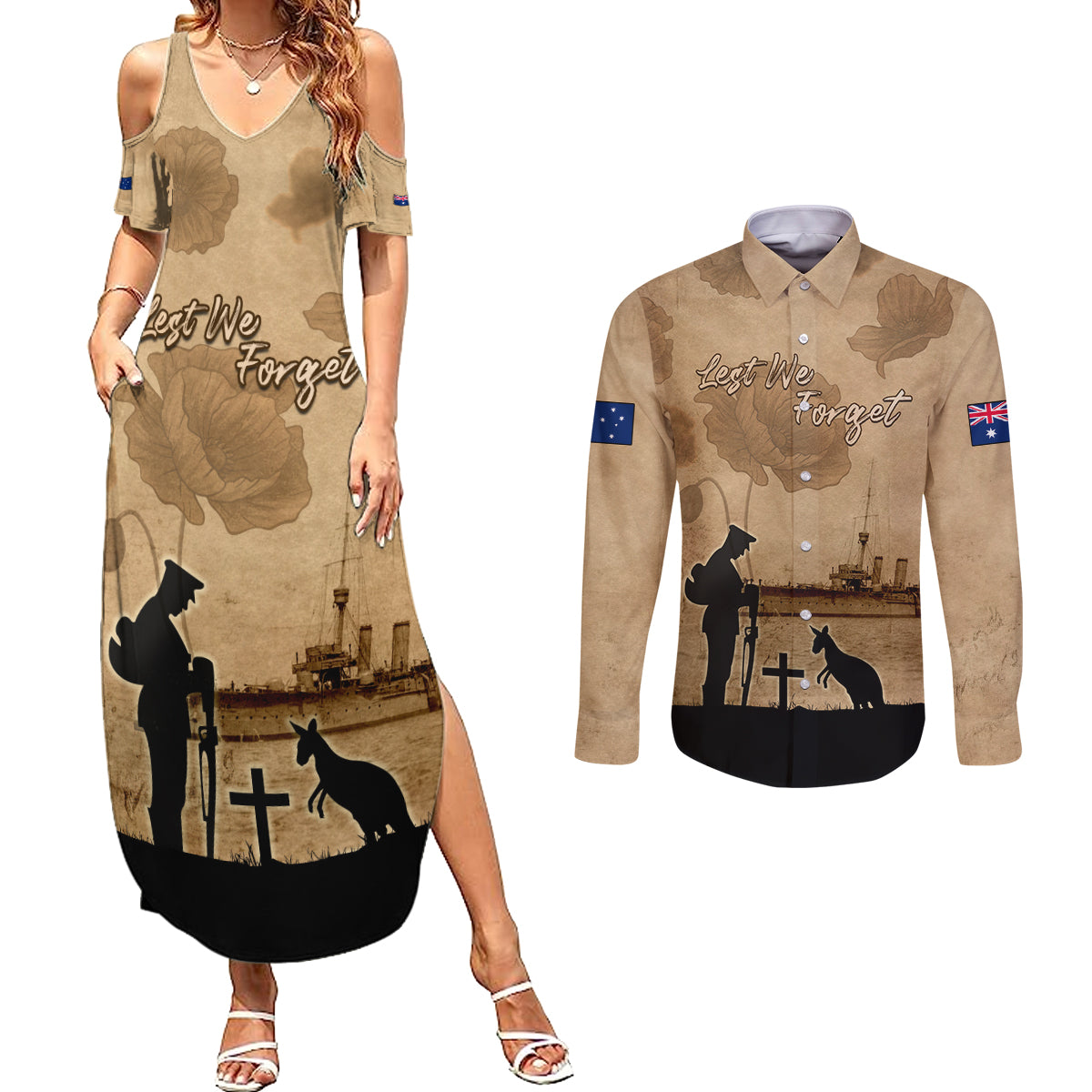 Australia ANZAC Day Couples Matching Summer Maxi Dress and Long Sleeve Button Shirt HMAS Sydney I Chatham-Class Light Cruiser
