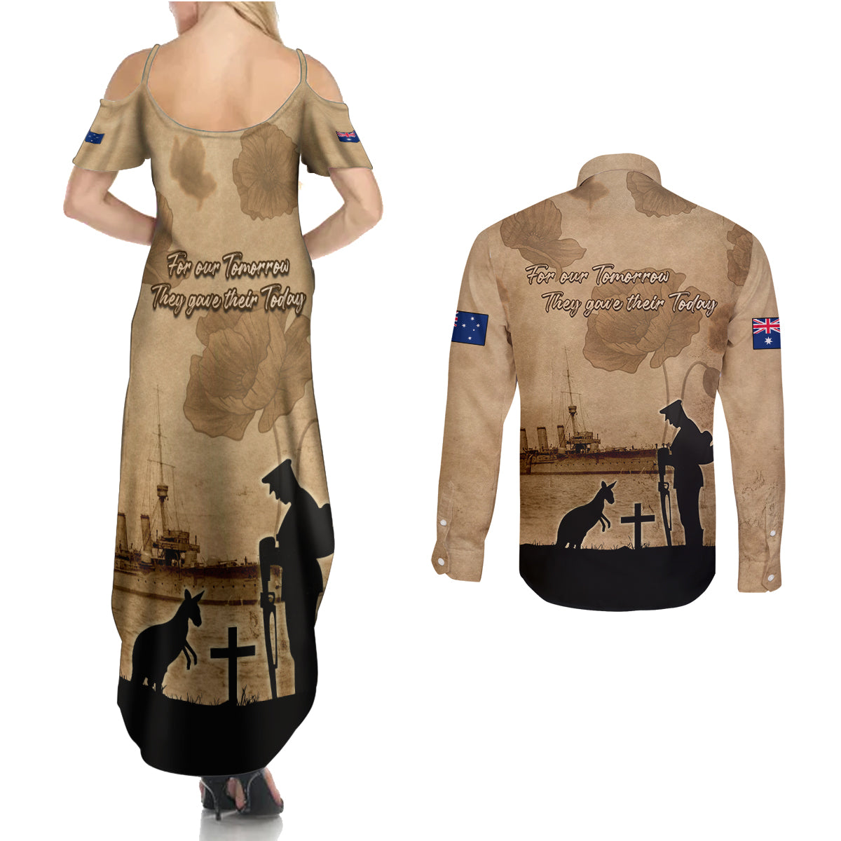 Australia ANZAC Day Couples Matching Summer Maxi Dress and Long Sleeve Button Shirt HMAS Sydney I Chatham-Class Light Cruiser