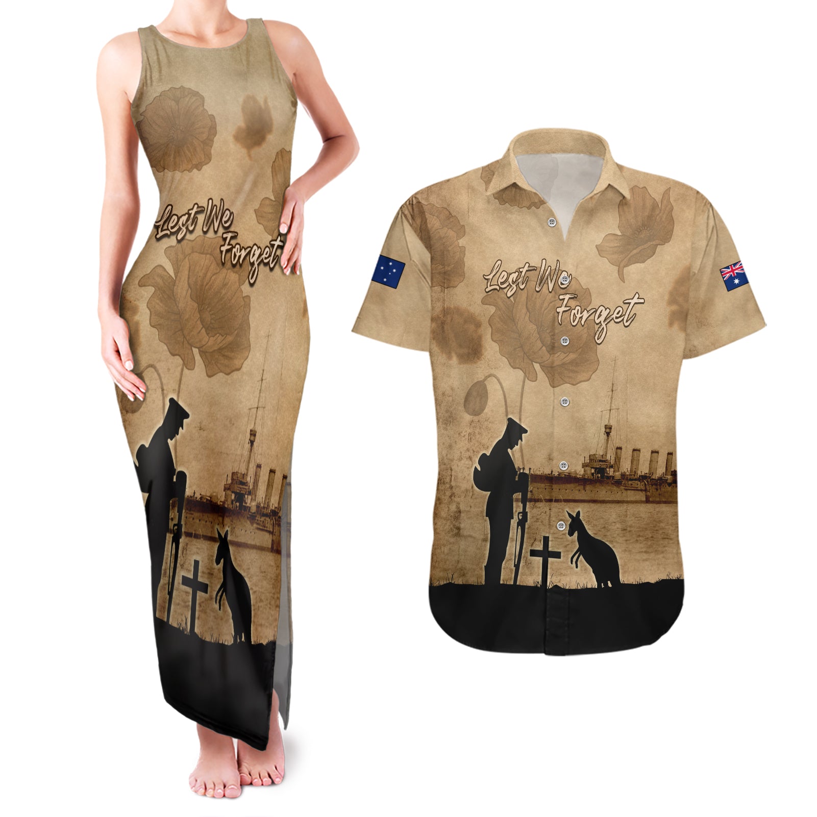 Australia ANZAC Day Couples Matching Tank Maxi Dress and Hawaiian Shirt HMAS Sydney I Chatham-Class Light Cruiser