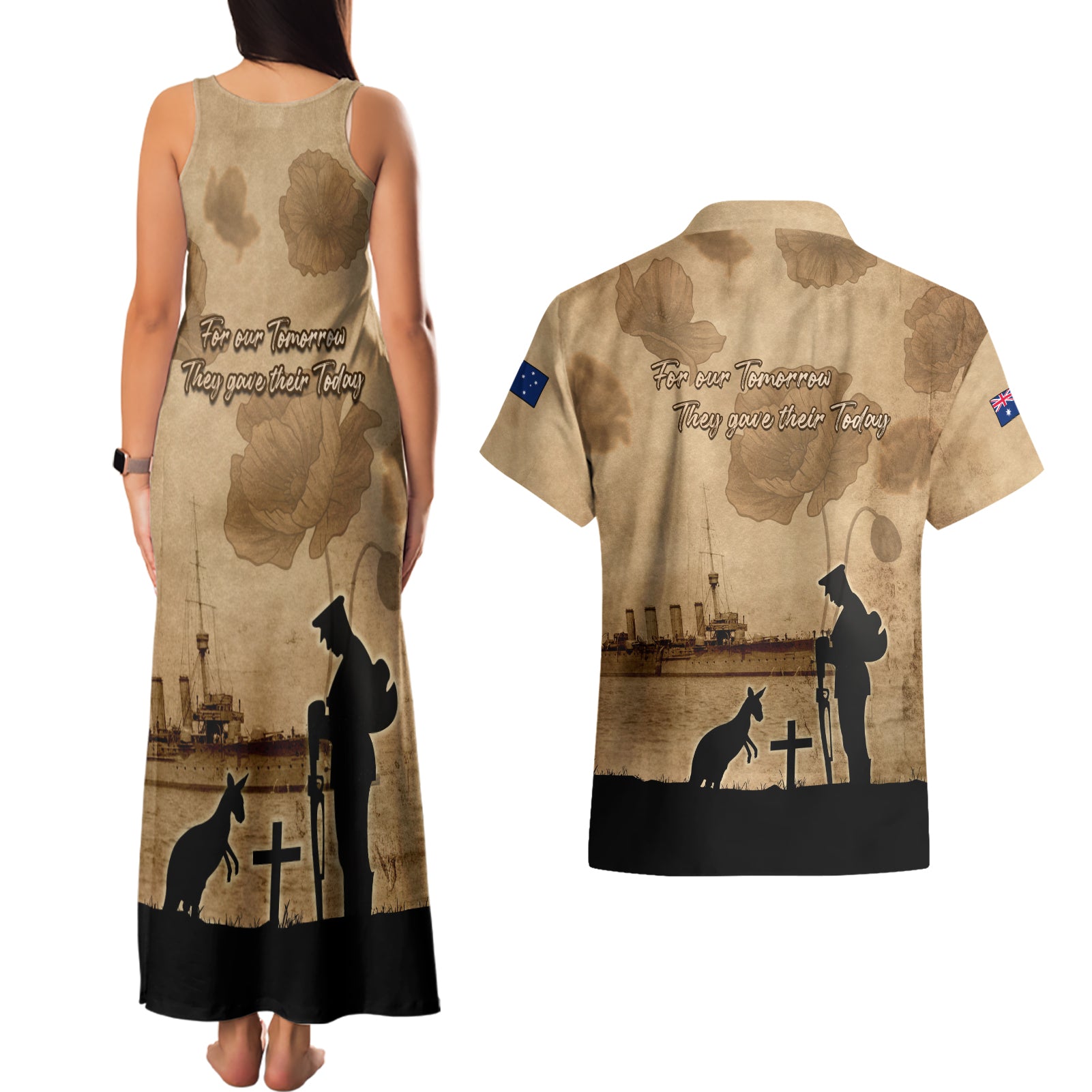 Australia ANZAC Day Couples Matching Tank Maxi Dress and Hawaiian Shirt HMAS Sydney I Chatham-Class Light Cruiser