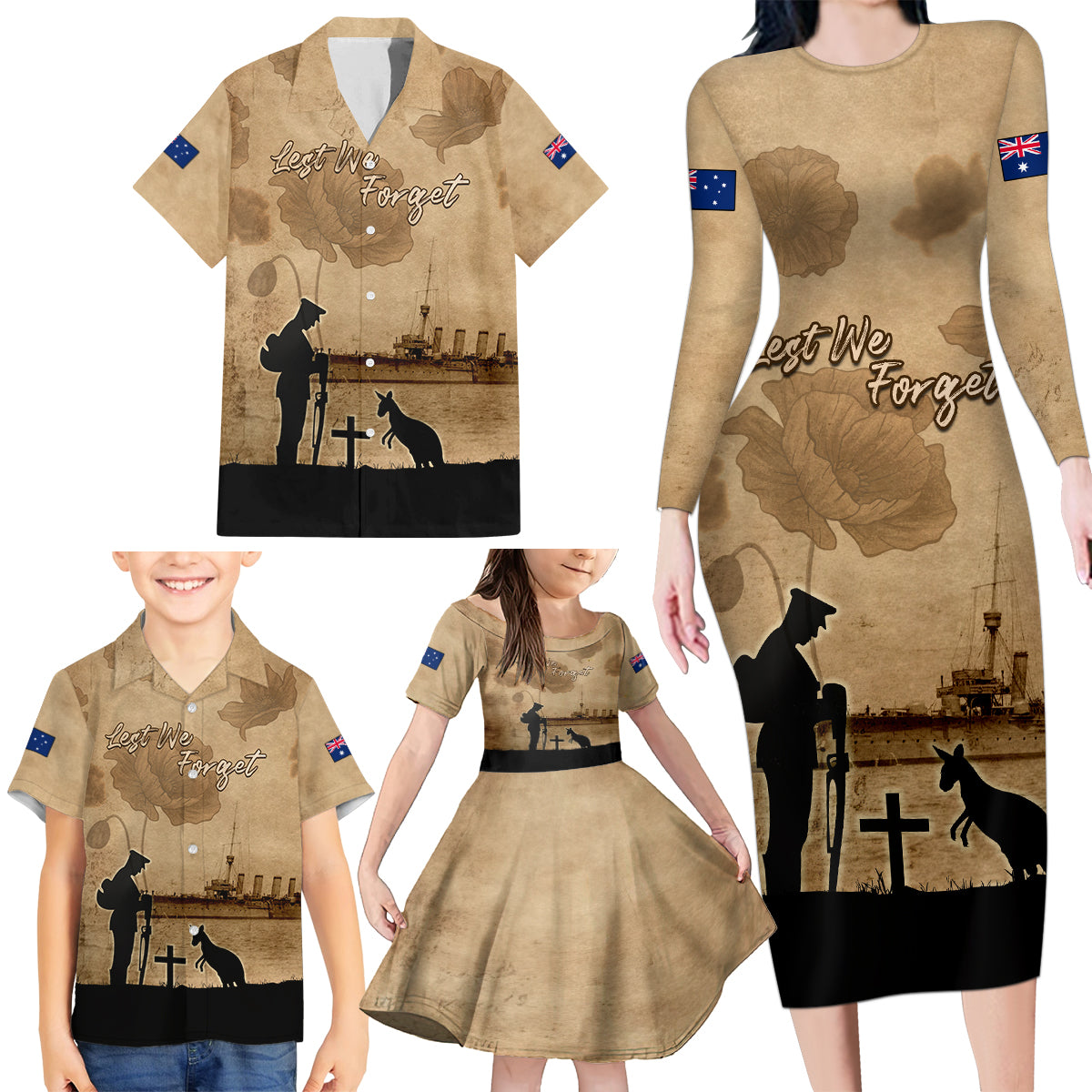 Australia ANZAC Day Family Matching Long Sleeve Bodycon Dress and Hawaiian Shirt HMAS Sydney I Chatham-Class Light Cruiser