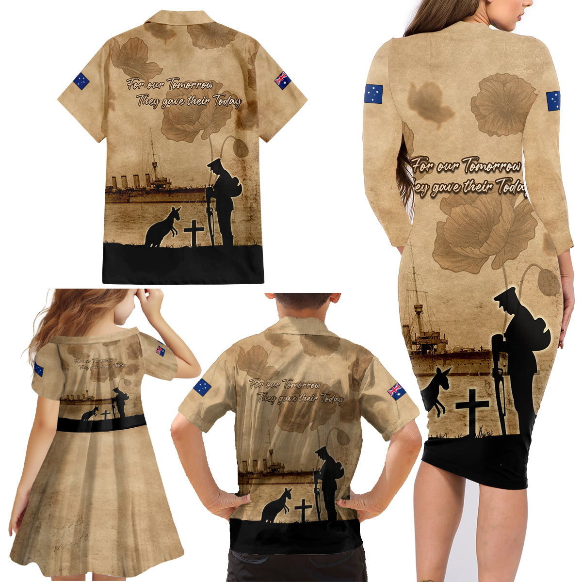 Australia ANZAC Day Family Matching Long Sleeve Bodycon Dress and Hawaiian Shirt HMAS Sydney I Chatham-Class Light Cruiser