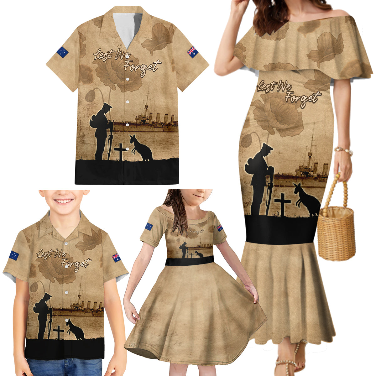 Australia ANZAC Day Family Matching Mermaid Dress and Hawaiian Shirt HMAS Sydney I Chatham-Class Light Cruiser