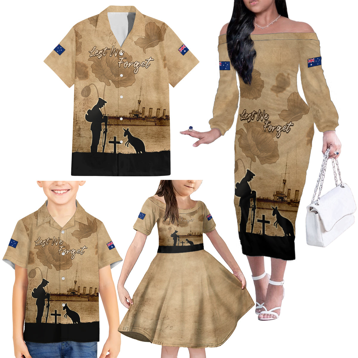 Australia ANZAC Day Family Matching Off The Shoulder Long Sleeve Dress and Hawaiian Shirt HMAS Sydney I Chatham-Class Light Cruiser