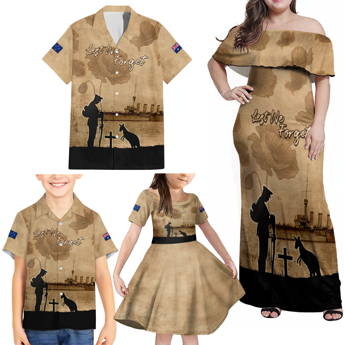 Australia ANZAC Day Family Matching Off Shoulder Maxi Dress and Hawaiian Shirt HMAS Sydney I Chatham-Class Light Cruiser