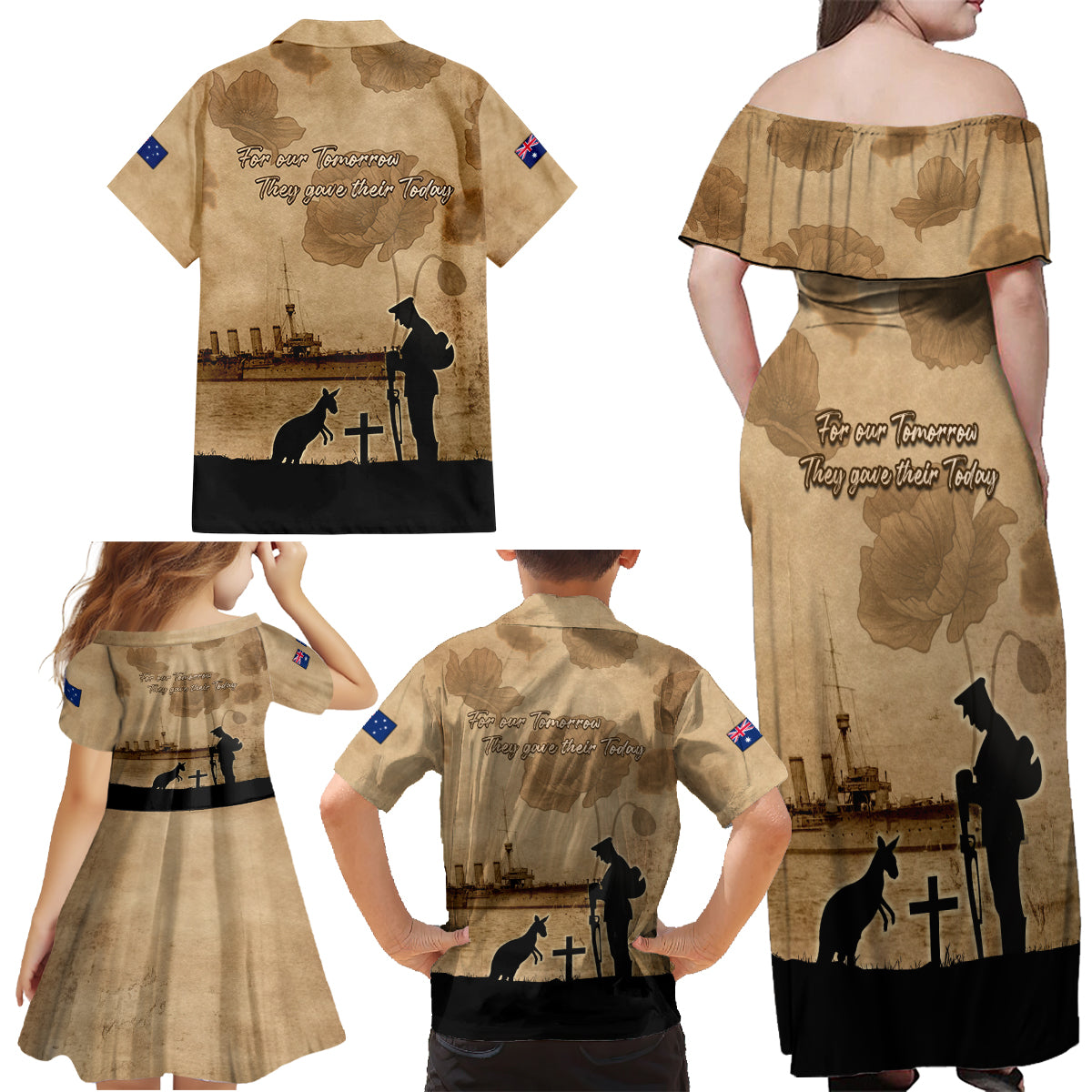 Australia ANZAC Day Family Matching Off Shoulder Maxi Dress and Hawaiian Shirt HMAS Sydney I Chatham-Class Light Cruiser