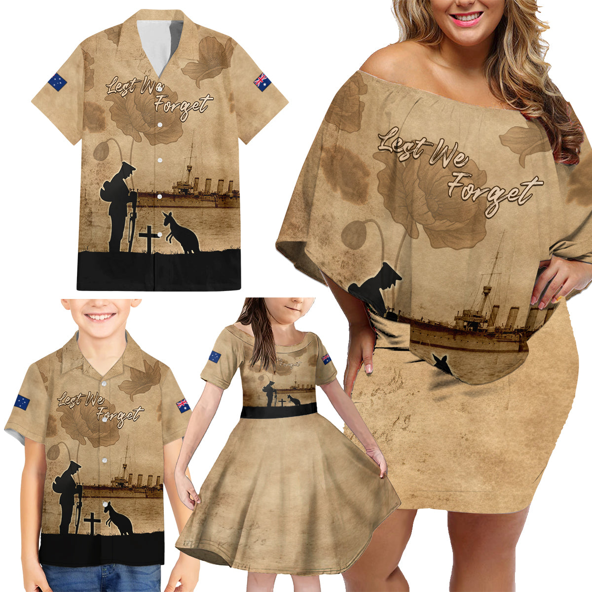 Australia ANZAC Day Family Matching Off Shoulder Short Dress and Hawaiian Shirt HMAS Sydney I Chatham-Class Light Cruiser