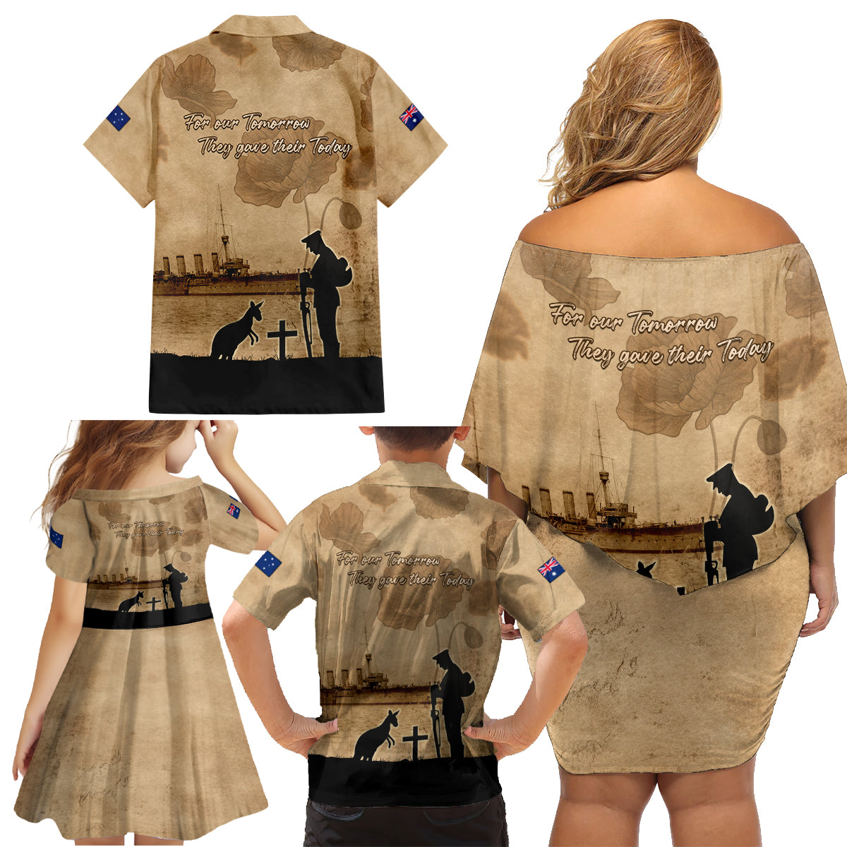 Australia ANZAC Day Family Matching Off Shoulder Short Dress and Hawaiian Shirt HMAS Sydney I Chatham-Class Light Cruiser