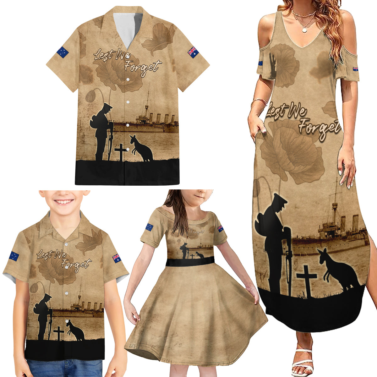 Australia ANZAC Day Family Matching Summer Maxi Dress and Hawaiian Shirt HMAS Sydney I Chatham-Class Light Cruiser