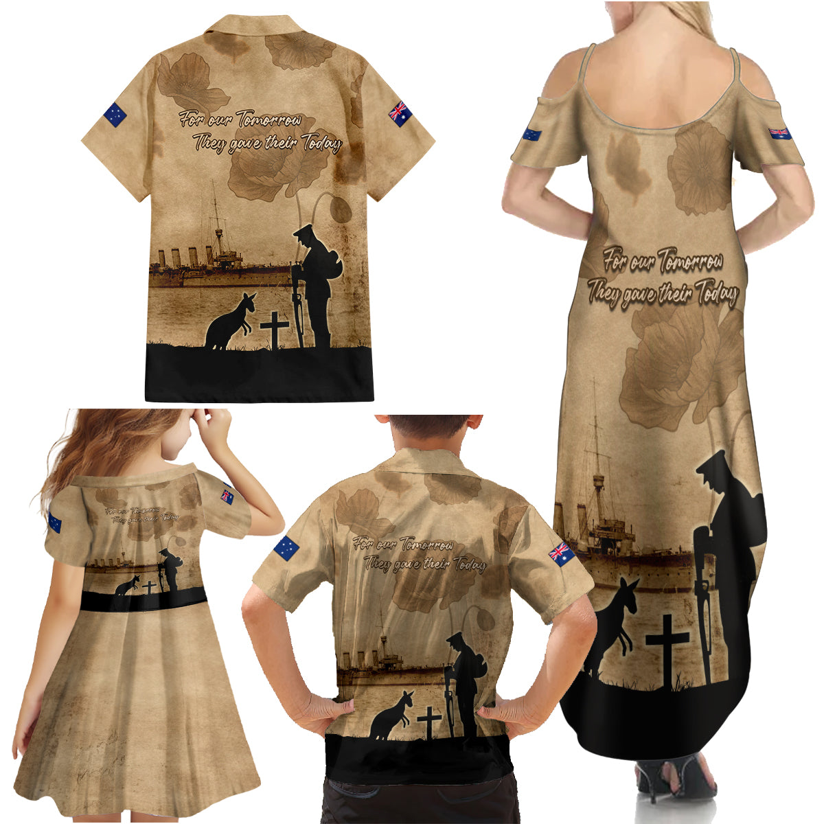 Australia ANZAC Day Family Matching Summer Maxi Dress and Hawaiian Shirt HMAS Sydney I Chatham-Class Light Cruiser