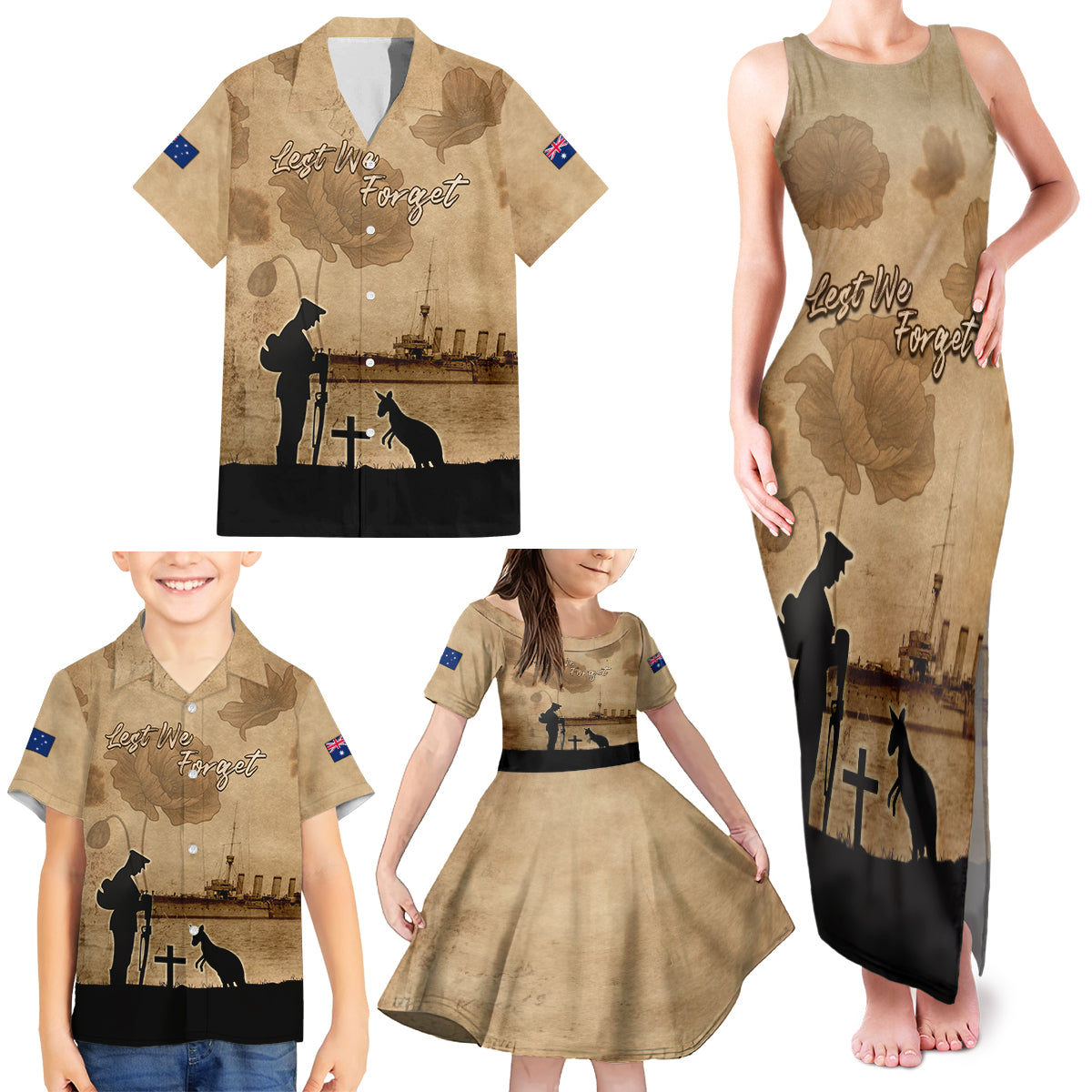 Australia ANZAC Day Family Matching Tank Maxi Dress and Hawaiian Shirt HMAS Sydney I Chatham-Class Light Cruiser