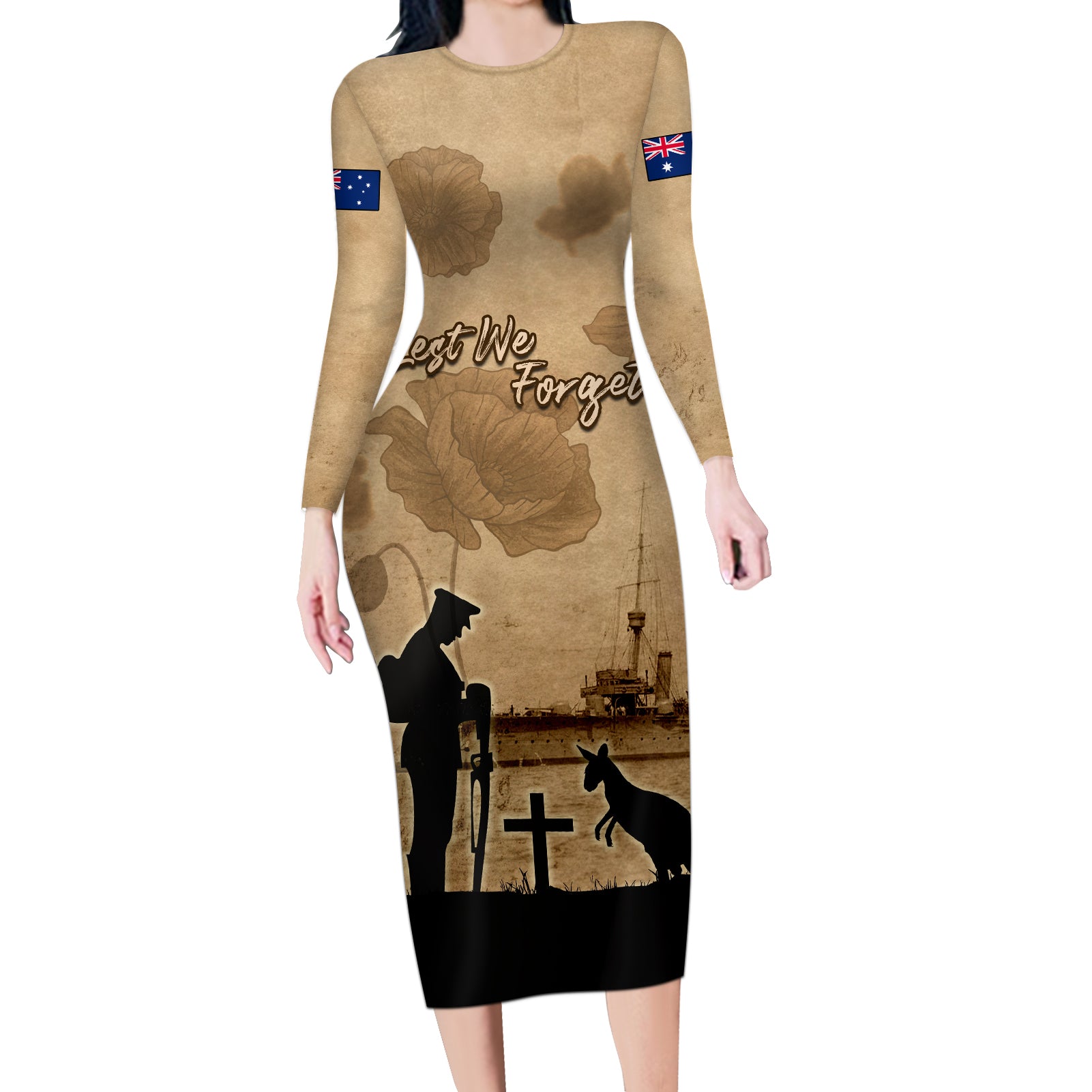 Australia ANZAC Day Long Sleeve Bodycon Dress HMAS Sydney I Chatham-Class Light Cruiser