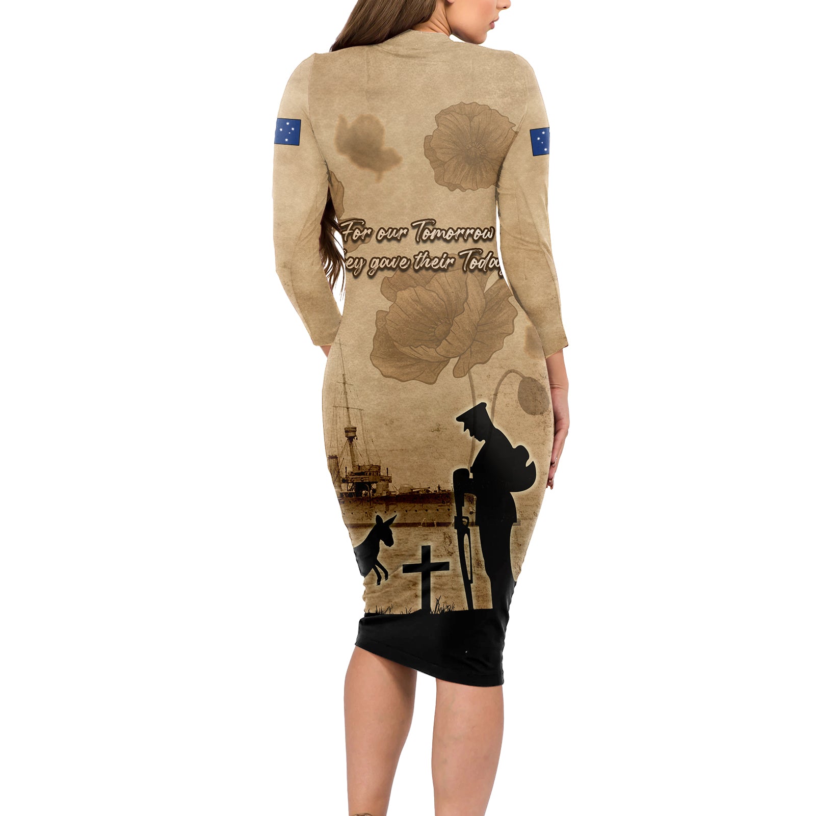 Australia ANZAC Day Long Sleeve Bodycon Dress HMAS Sydney I Chatham-Class Light Cruiser