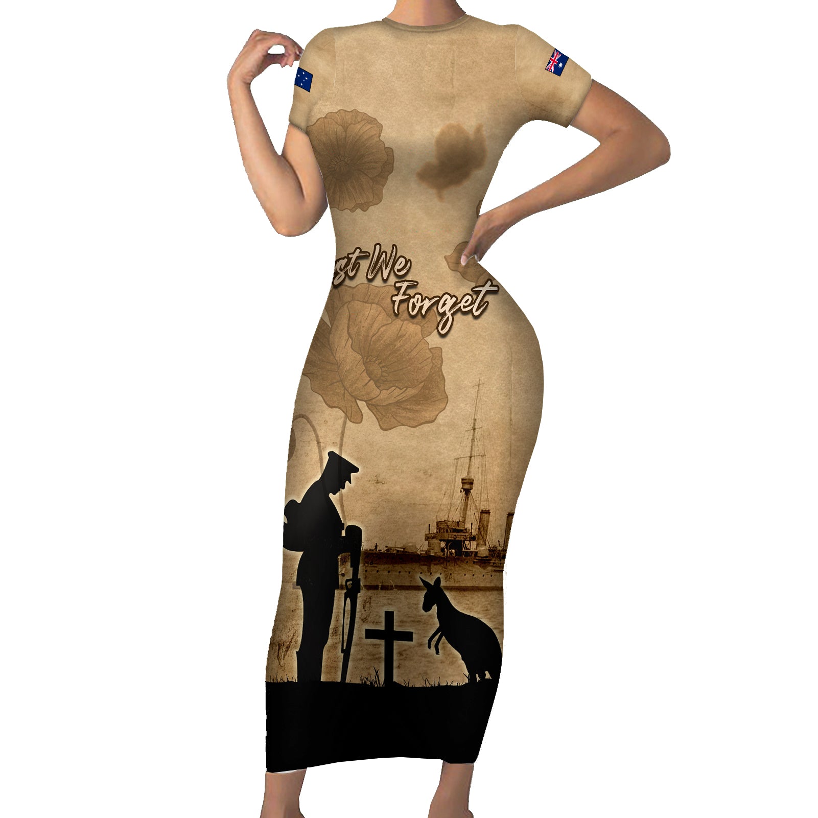 Australia ANZAC Day Short Sleeve Bodycon Dress HMAS Sydney I Chatham-Class Light Cruiser
