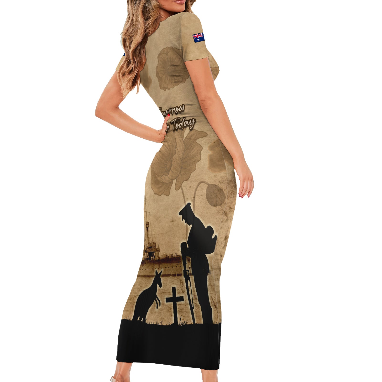 Australia ANZAC Day Short Sleeve Bodycon Dress HMAS Sydney I Chatham-Class Light Cruiser