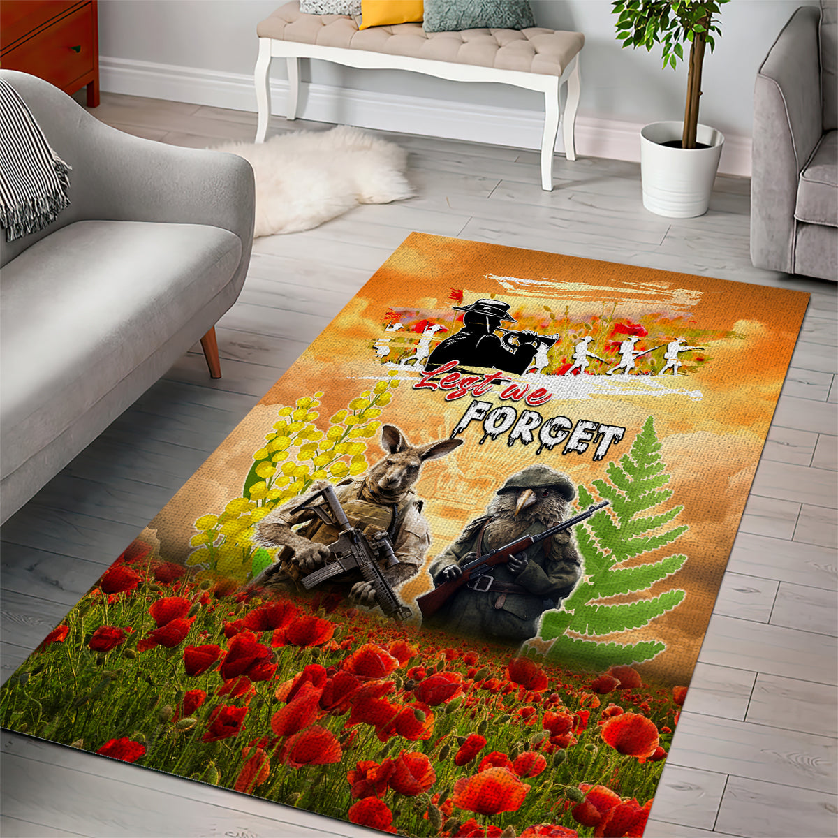 Australia And New Zealand ANZAC Day Area Rug Kangaroo And Kiwi Bird Soldiers Lest We Forget LT05 - Vibe Hoodie Shop