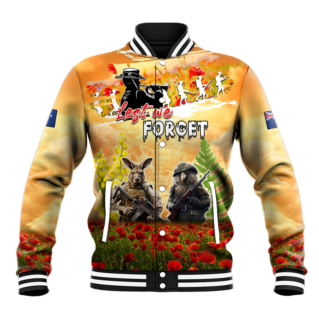 Australia And New Zealand ANZAC Day Baseball Jacket Kangaroo And Kiwi Bird Soldiers Lest We Forget LT05 - Vibe Hoodie Shop