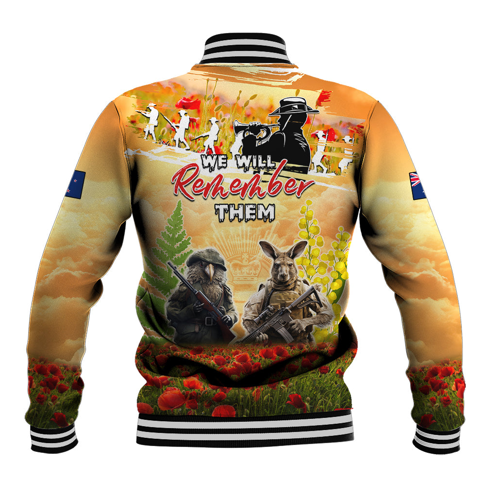 Australia And New Zealand ANZAC Day Baseball Jacket Kangaroo And Kiwi Bird Soldiers Lest We Forget LT05 - Vibe Hoodie Shop