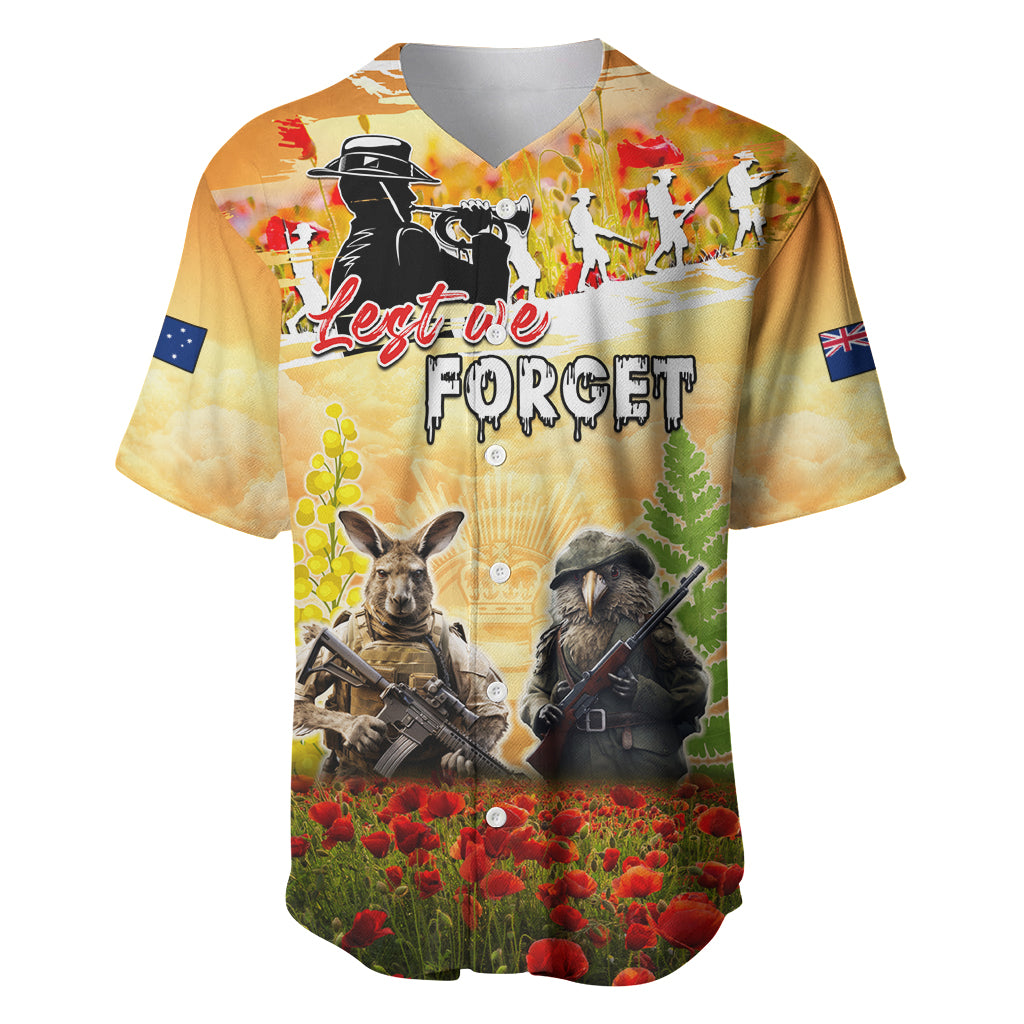 Australia And New Zealand ANZAC Day Baseball Jersey Kangaroo And Kiwi Bird Soldiers Lest We Forget LT05 - Vibe Hoodie Shop