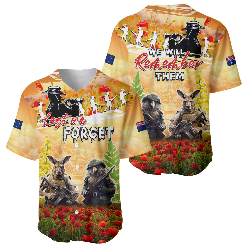 Australia And New Zealand ANZAC Day Baseball Jersey Kangaroo And Kiwi Bird Soldiers Lest We Forget LT05 - Vibe Hoodie Shop