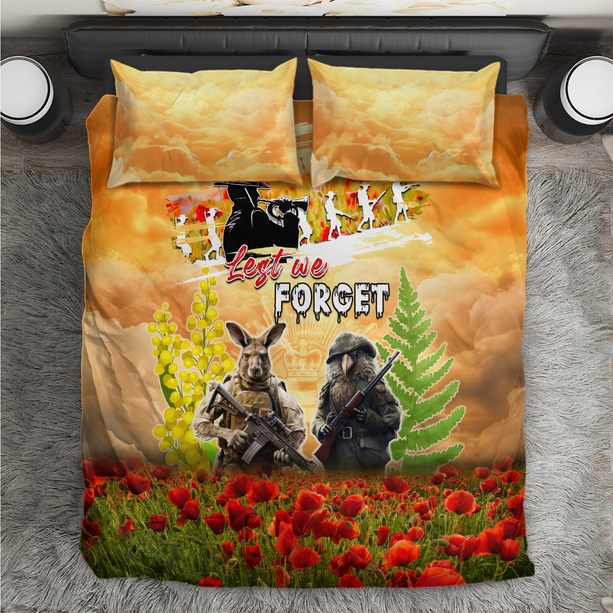 Australia And New Zealand ANZAC Day Bedding Set Kangaroo And Kiwi Bird Soldiers Lest We Forget LT05 - Vibe Hoodie Shop