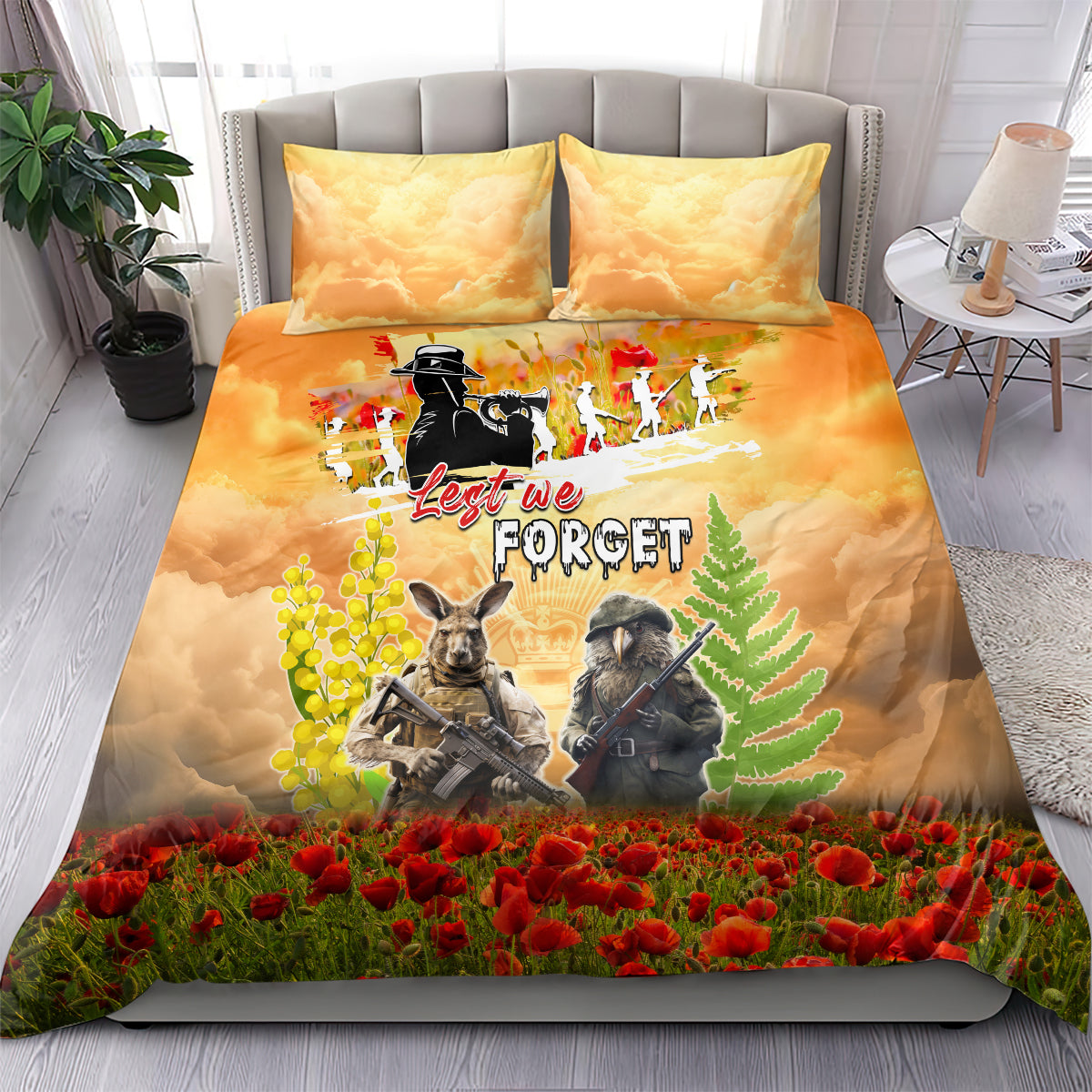 Australia And New Zealand ANZAC Day Bedding Set Kangaroo And Kiwi Bird Soldiers Lest We Forget LT05 - Vibe Hoodie Shop