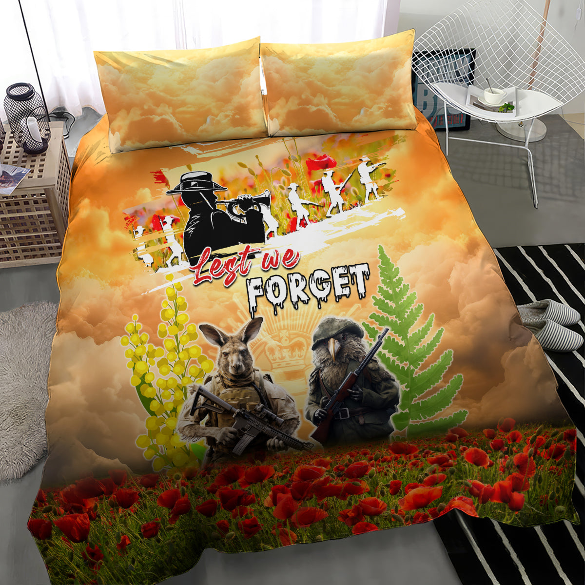 Australia And New Zealand ANZAC Day Bedding Set Kangaroo And Kiwi Bird Soldiers Lest We Forget LT05 - Vibe Hoodie Shop