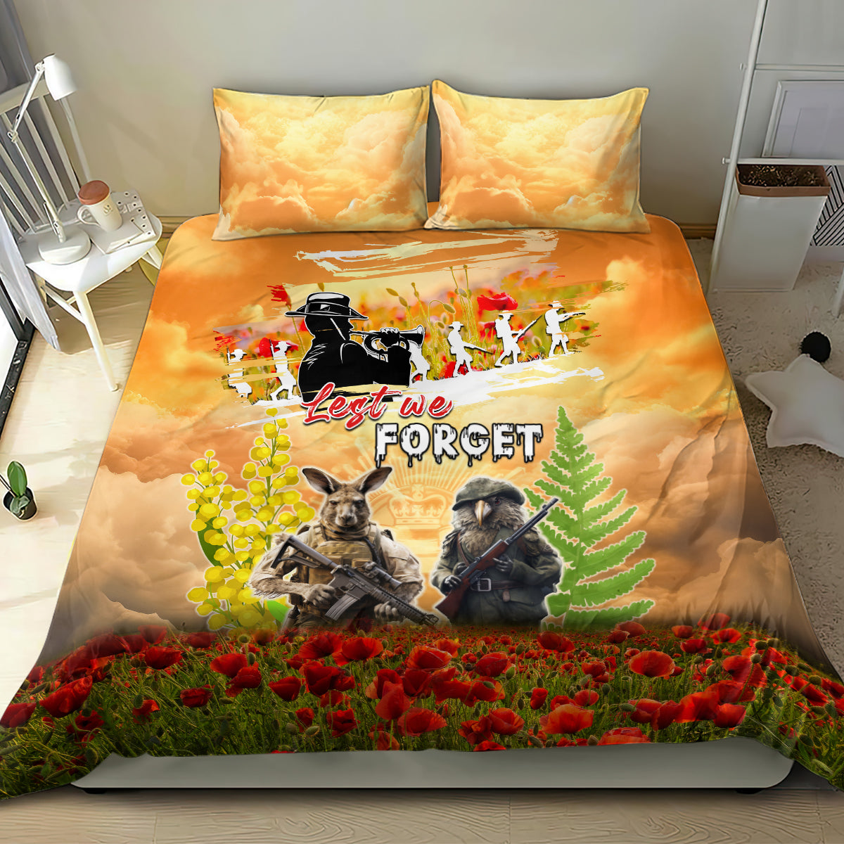 Australia And New Zealand ANZAC Day Bedding Set Kangaroo And Kiwi Bird Soldiers Lest We Forget LT05 - Vibe Hoodie Shop