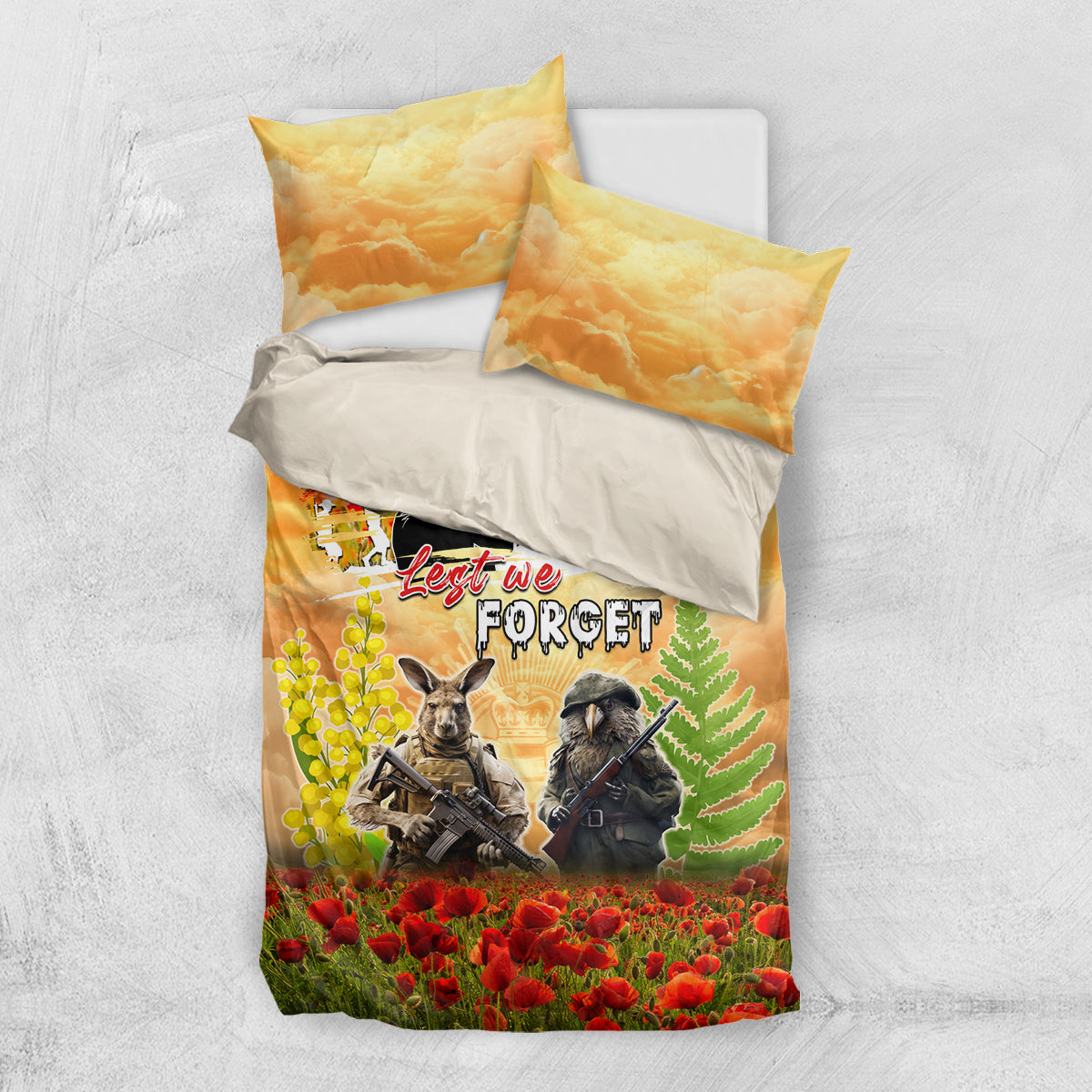 Australia And New Zealand ANZAC Day Bedding Set Kangaroo And Kiwi Bird Soldiers Lest We Forget LT05 - Vibe Hoodie Shop