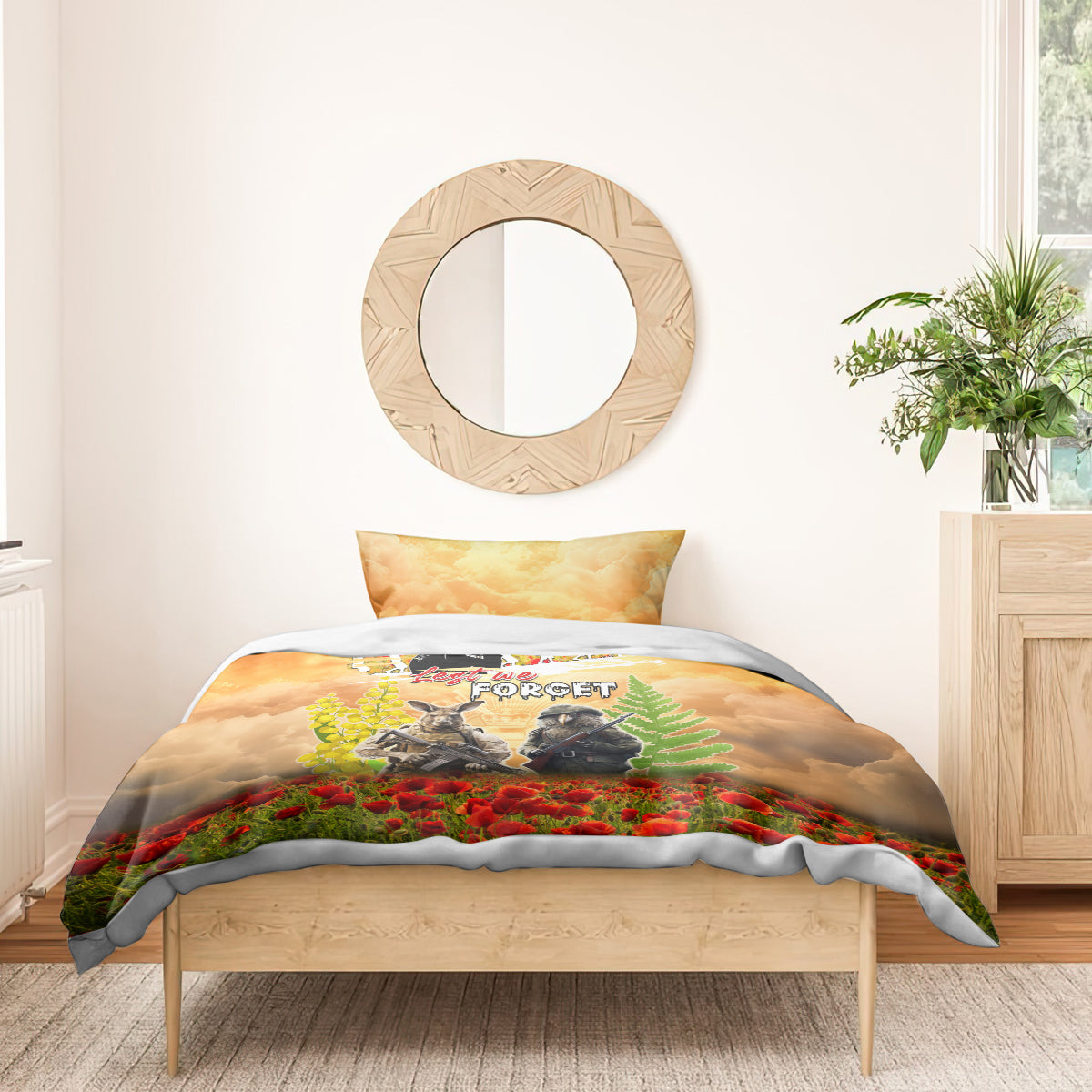 Australia And New Zealand ANZAC Day Bedding Set Kangaroo And Kiwi Bird Soldiers Lest We Forget LT05 - Vibe Hoodie Shop