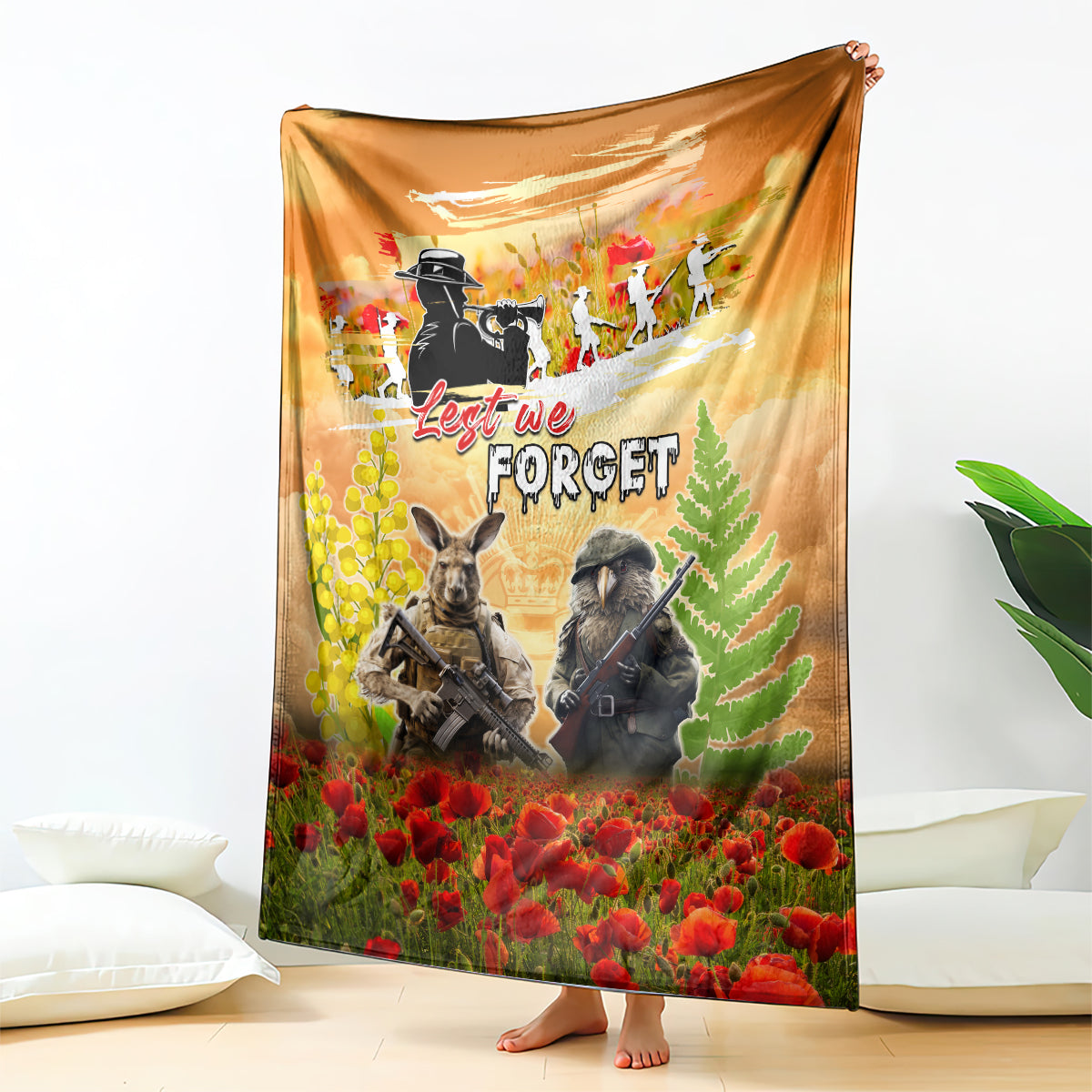 Australia And New Zealand ANZAC Day Blanket Kangaroo And Kiwi Bird Soldiers Lest We Forget LT05 - Vibe Hoodie Shop
