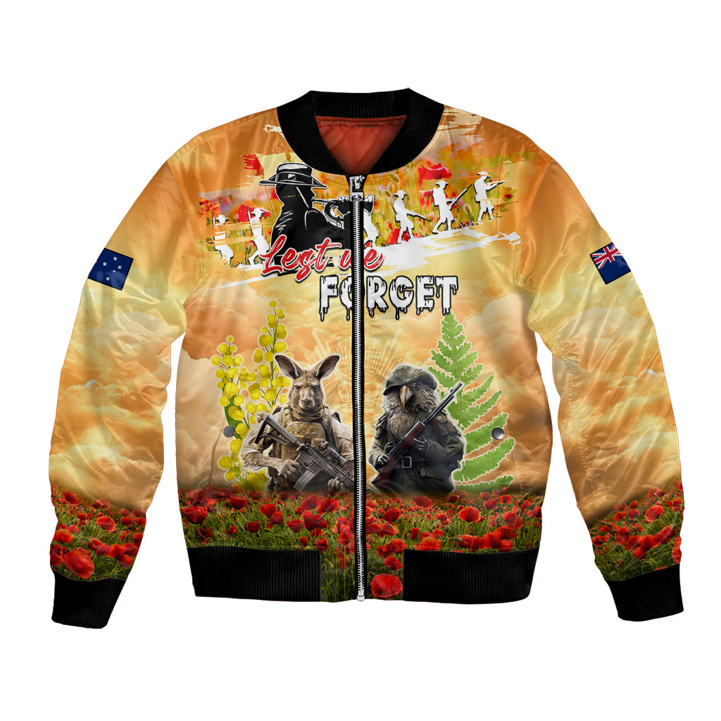 Australia And New Zealand ANZAC Day Bomber Jacket Kangaroo And Kiwi Bird Soldiers Lest We Forget LT05 - Vibe Hoodie Shop