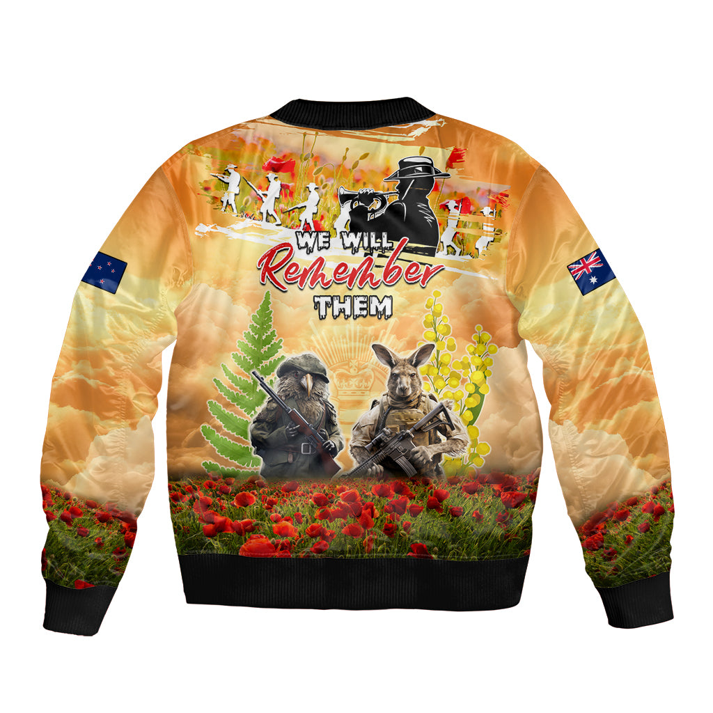Australia And New Zealand ANZAC Day Bomber Jacket Kangaroo And Kiwi Bird Soldiers Lest We Forget LT05 - Vibe Hoodie Shop
