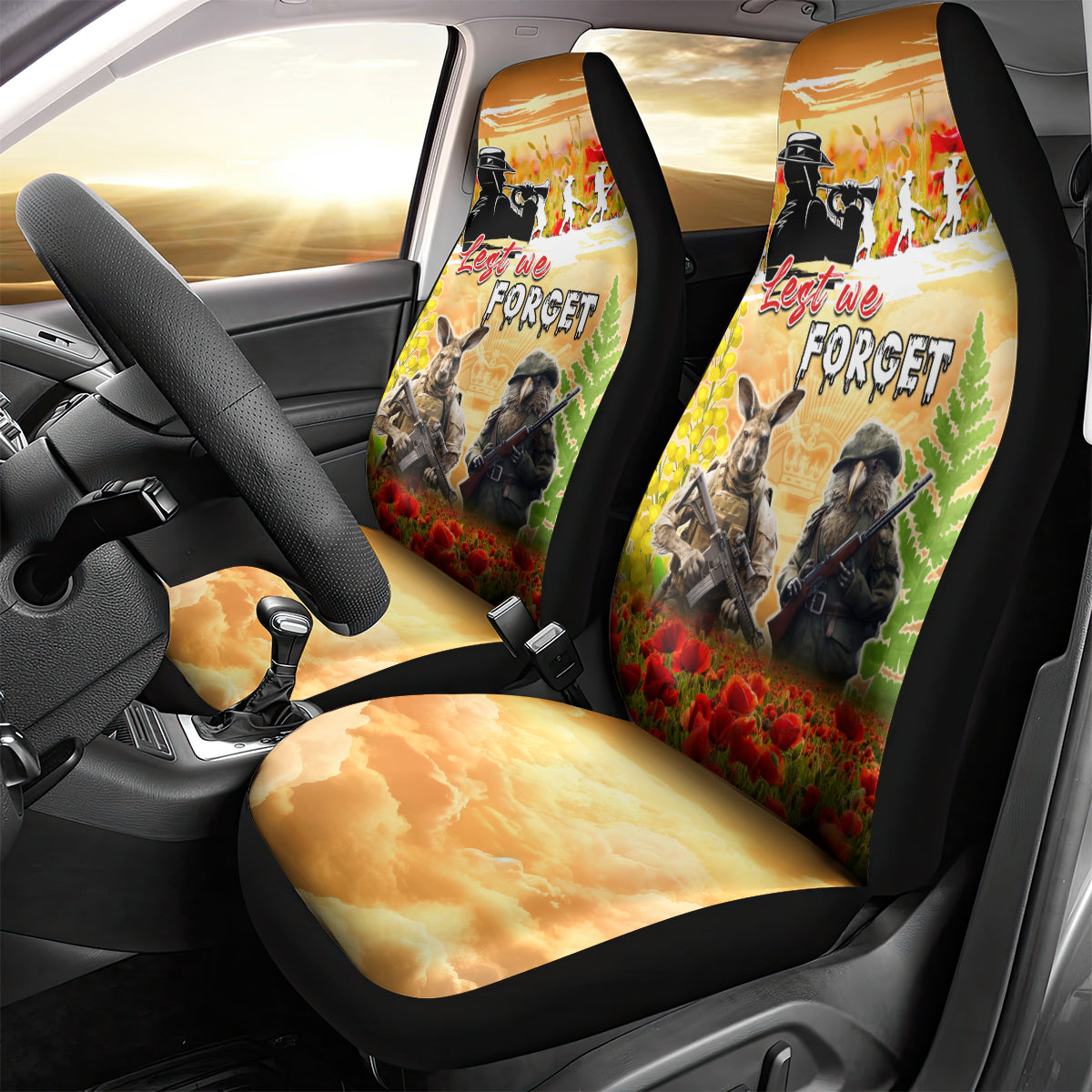 Australia And New Zealand ANZAC Day Car Seat Cover Kangaroo And Kiwi Bird Soldiers Lest We Forget LT05 - Vibe Hoodie Shop