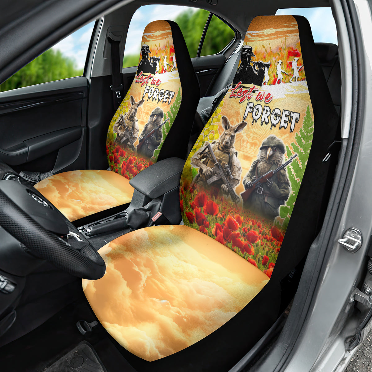 Australia And New Zealand ANZAC Day Car Seat Cover Kangaroo And Kiwi Bird Soldiers Lest We Forget LT05 - Vibe Hoodie Shop