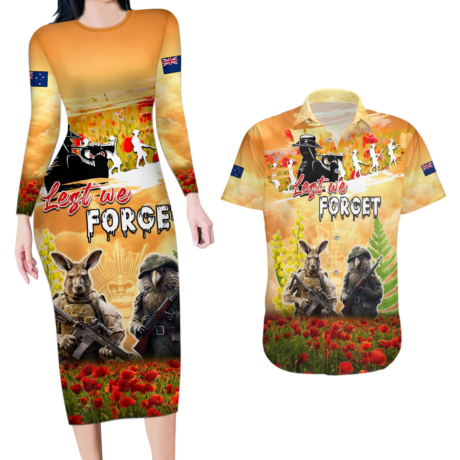 Australia And New Zealand ANZAC Day Couples Matching Long Sleeve Bodycon Dress and Hawaiian Shirt Kangaroo And Kiwi Bird Soldiers Lest We Forget