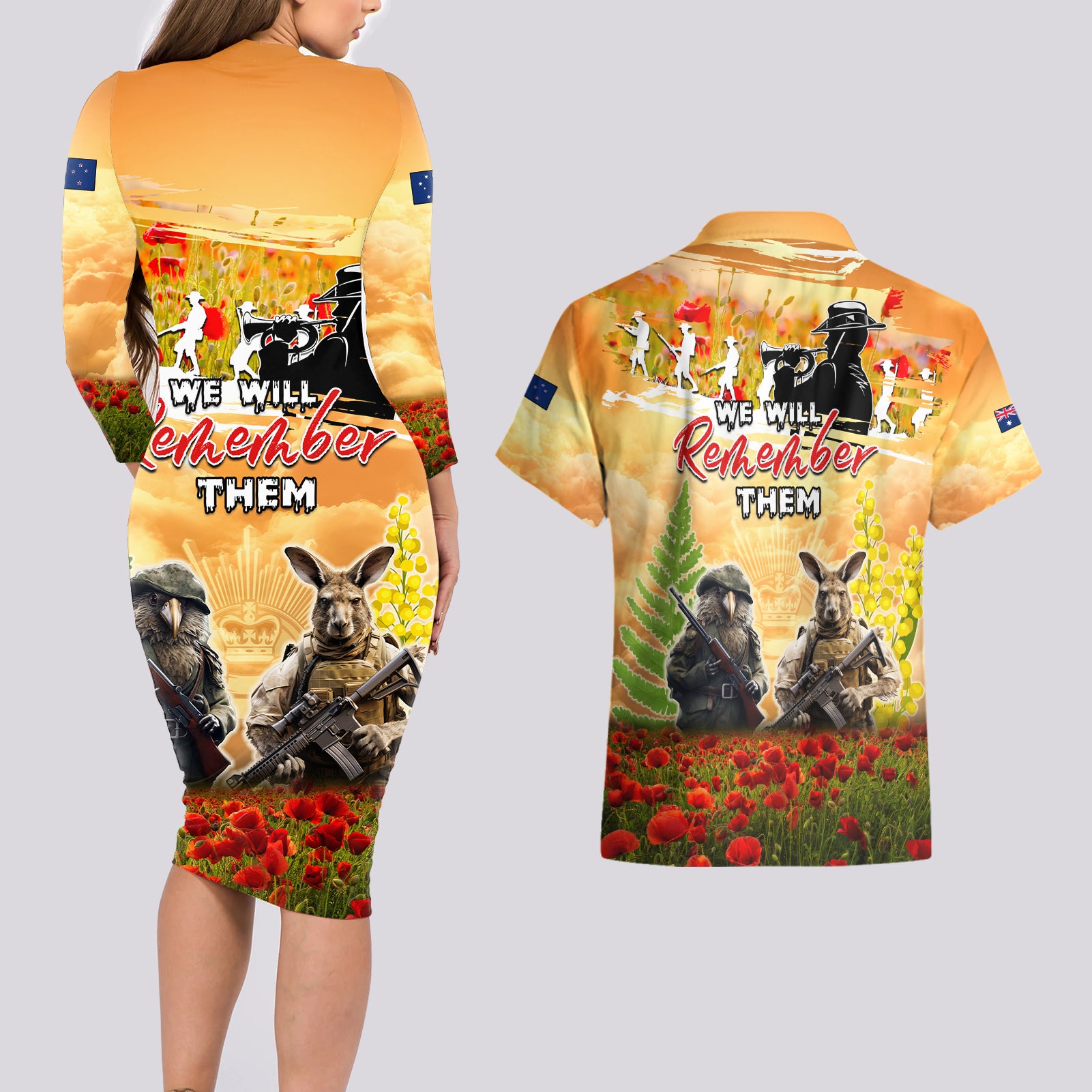 Australia And New Zealand ANZAC Day Couples Matching Long Sleeve Bodycon Dress and Hawaiian Shirt Kangaroo And Kiwi Bird Soldiers Lest We Forget