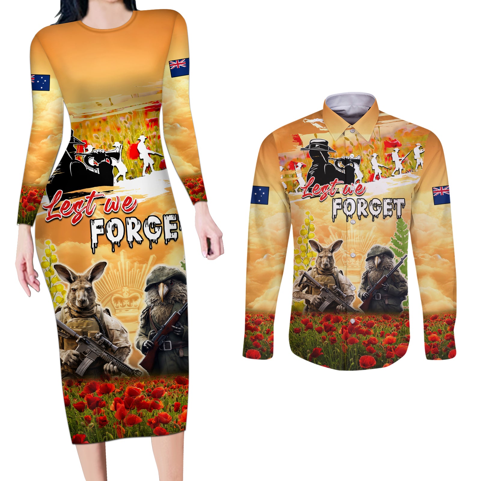 Australia And New Zealand ANZAC Day Couples Matching Long Sleeve Bodycon Dress and Long Sleeve Button Shirt Kangaroo And Kiwi Bird Soldiers Lest We Forget