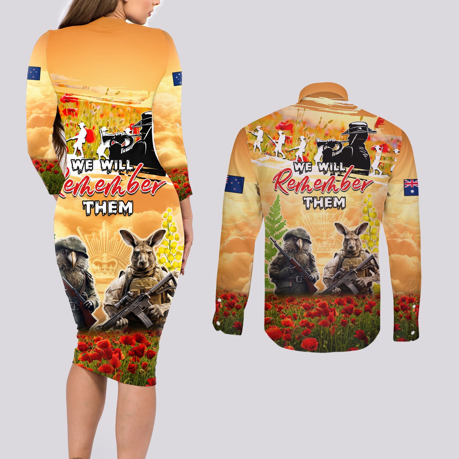 Australia And New Zealand ANZAC Day Couples Matching Long Sleeve Bodycon Dress and Long Sleeve Button Shirt Kangaroo And Kiwi Bird Soldiers Lest We Forget